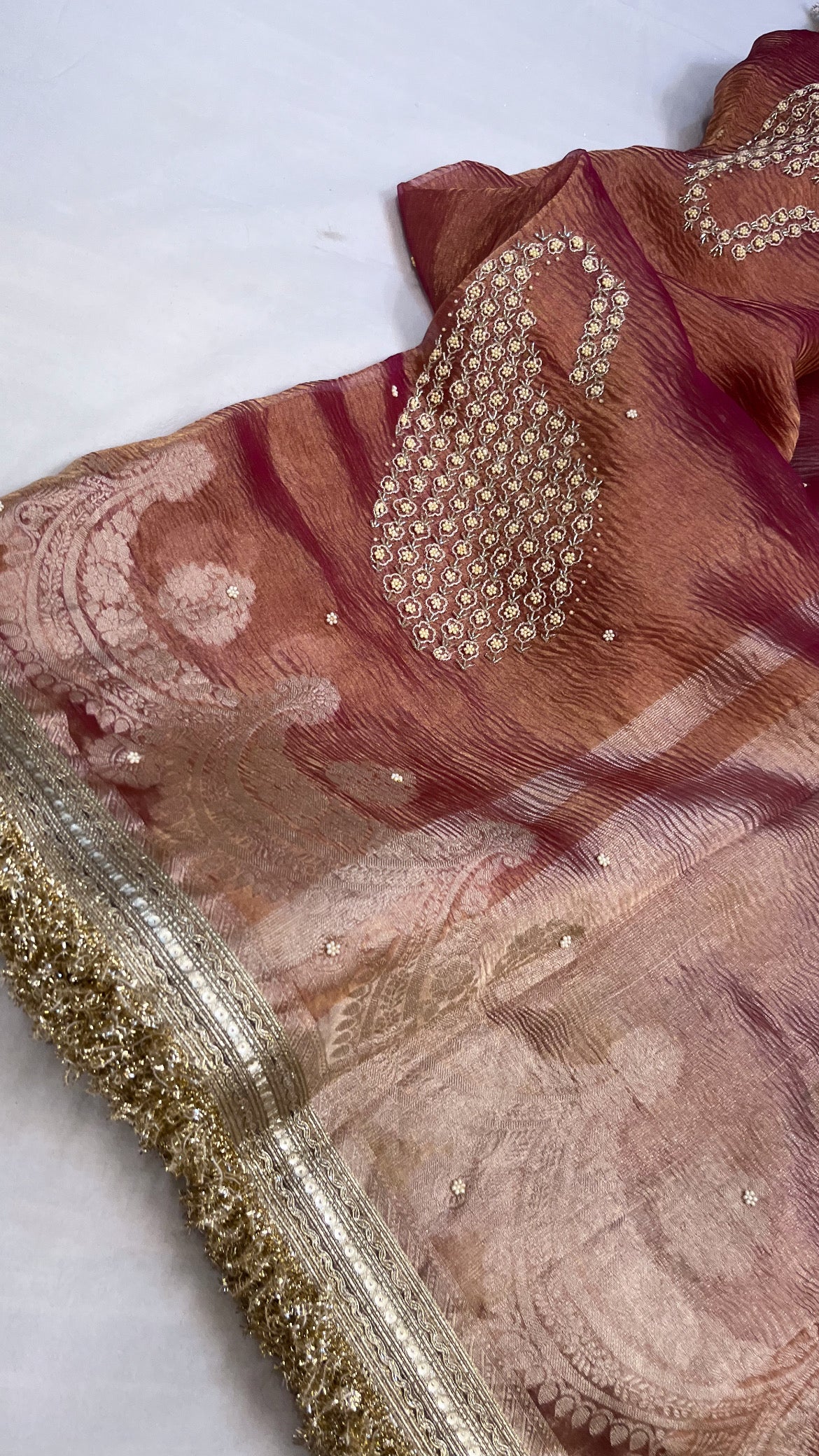 Husn cherry pink tissue silk hand embroidered saree