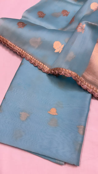 Pure banarasi firozi blue kora silk kadhwa buti stunning suit set with gotapatti work on duppata