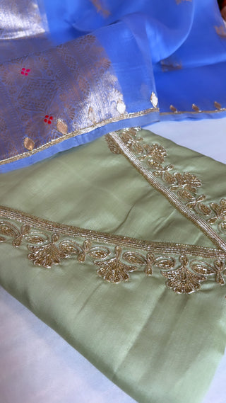 Mint green-persian blue hand embroidered silk suit set from vyaah wala ghar edit