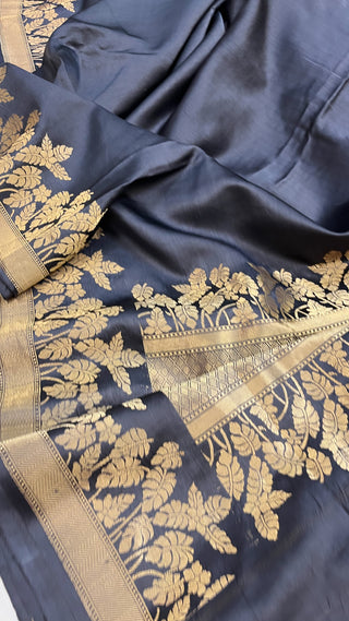 English navy blue banarasi mashru silk kadhwa border saree