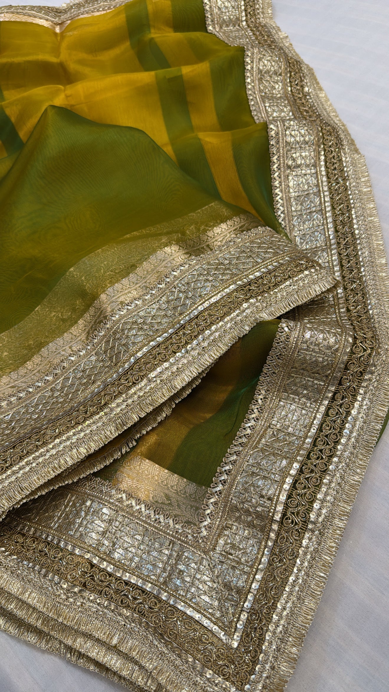 Maharani chutney green tissue silk kadhwa gotapatti saree