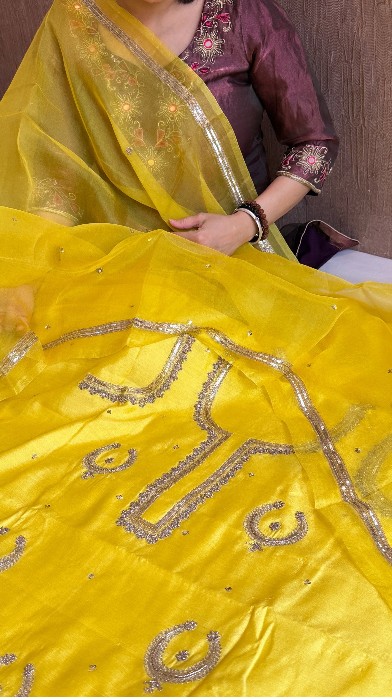 Nimbu yellow chand-buta chiniya silk kadhwa hand embroidered kurta paired with kora silk hand embroidered duppata set