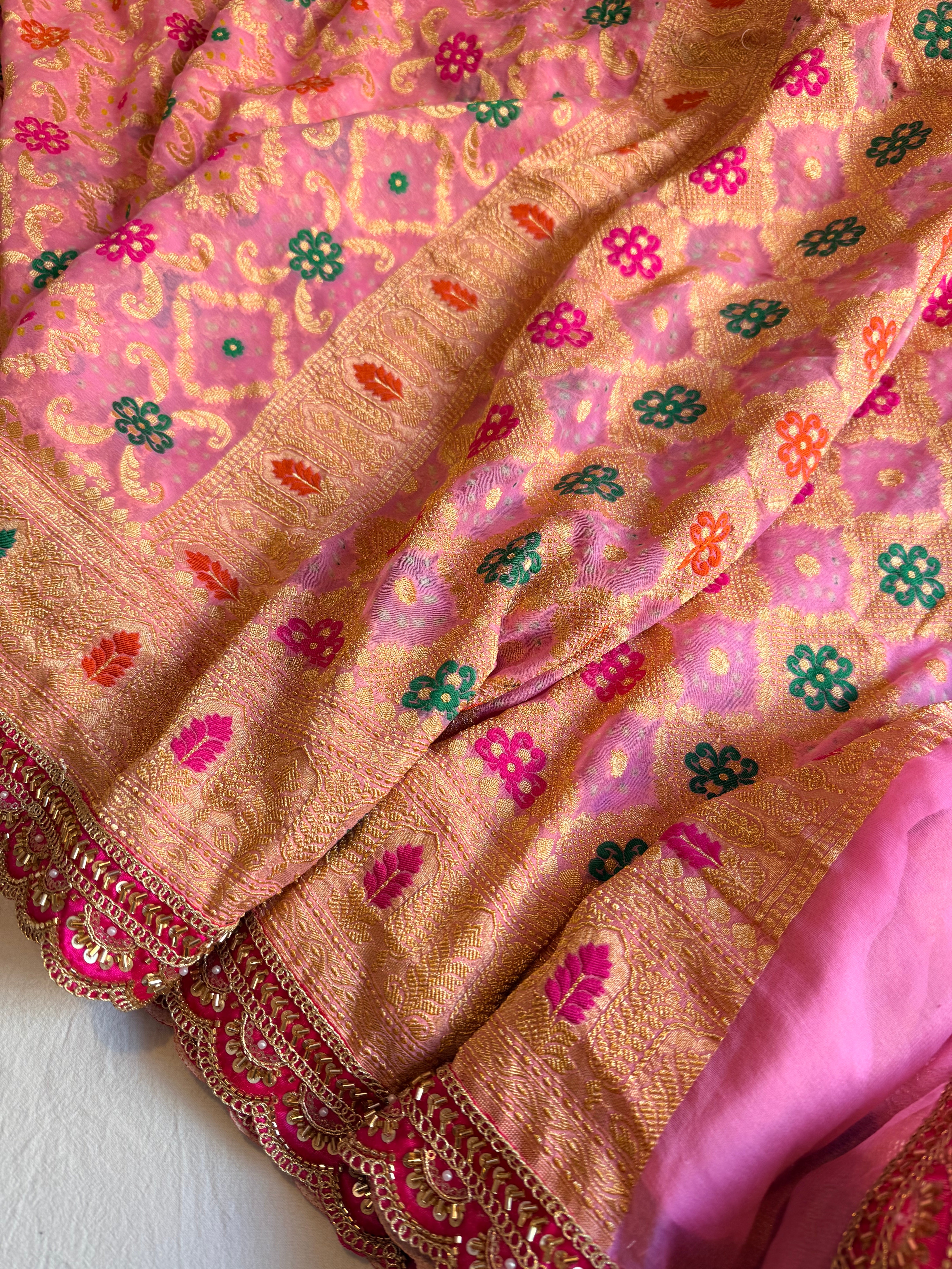 Banarasi blush shades of chiffon rai bandhej mirror work gotapatti saree