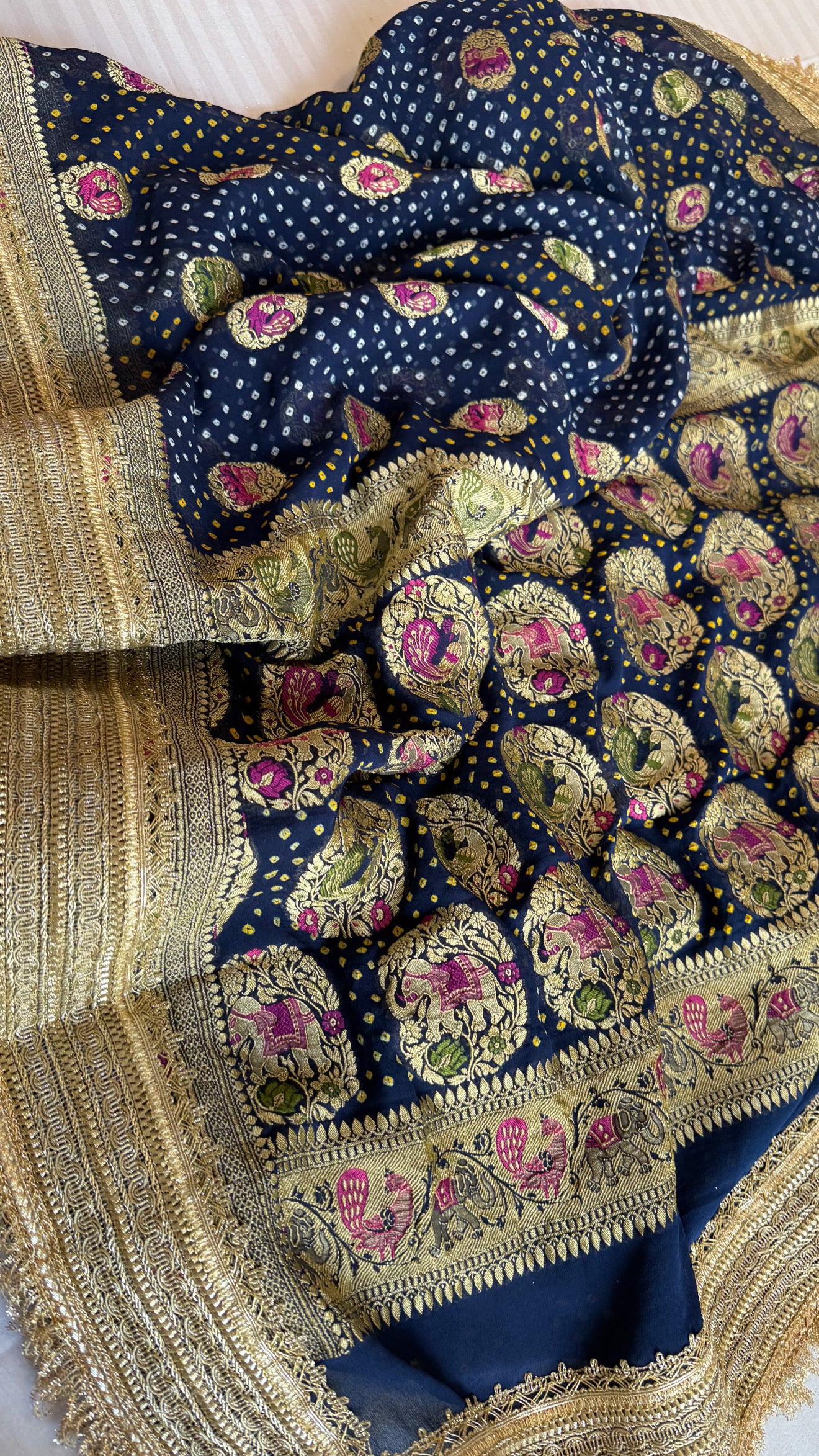 Persian blue banarasi gorgette kadhwa meenakari bandhej saree
