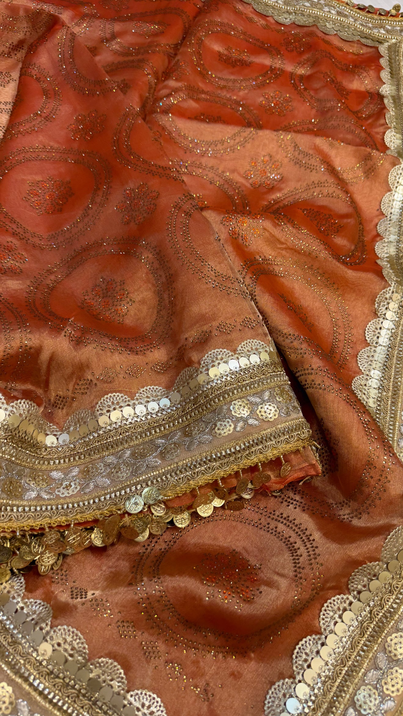 Sitara stonework tangerine orange tissue silk gotapatti saree