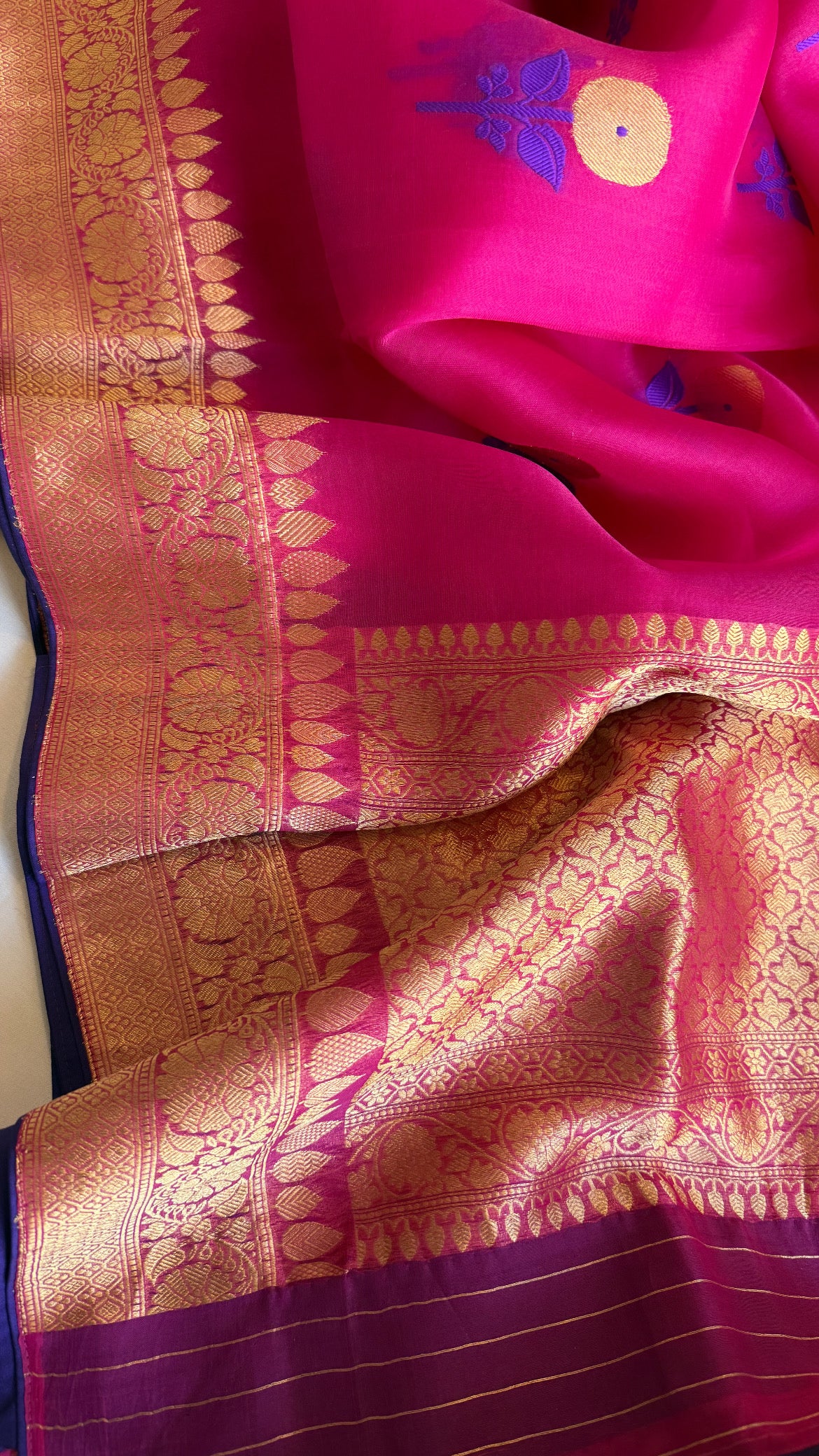Magenta pink kora silk kadhwa banarasi border saree