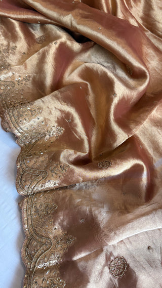 Husn onion peach tissue silk heavy hand embroidered saree