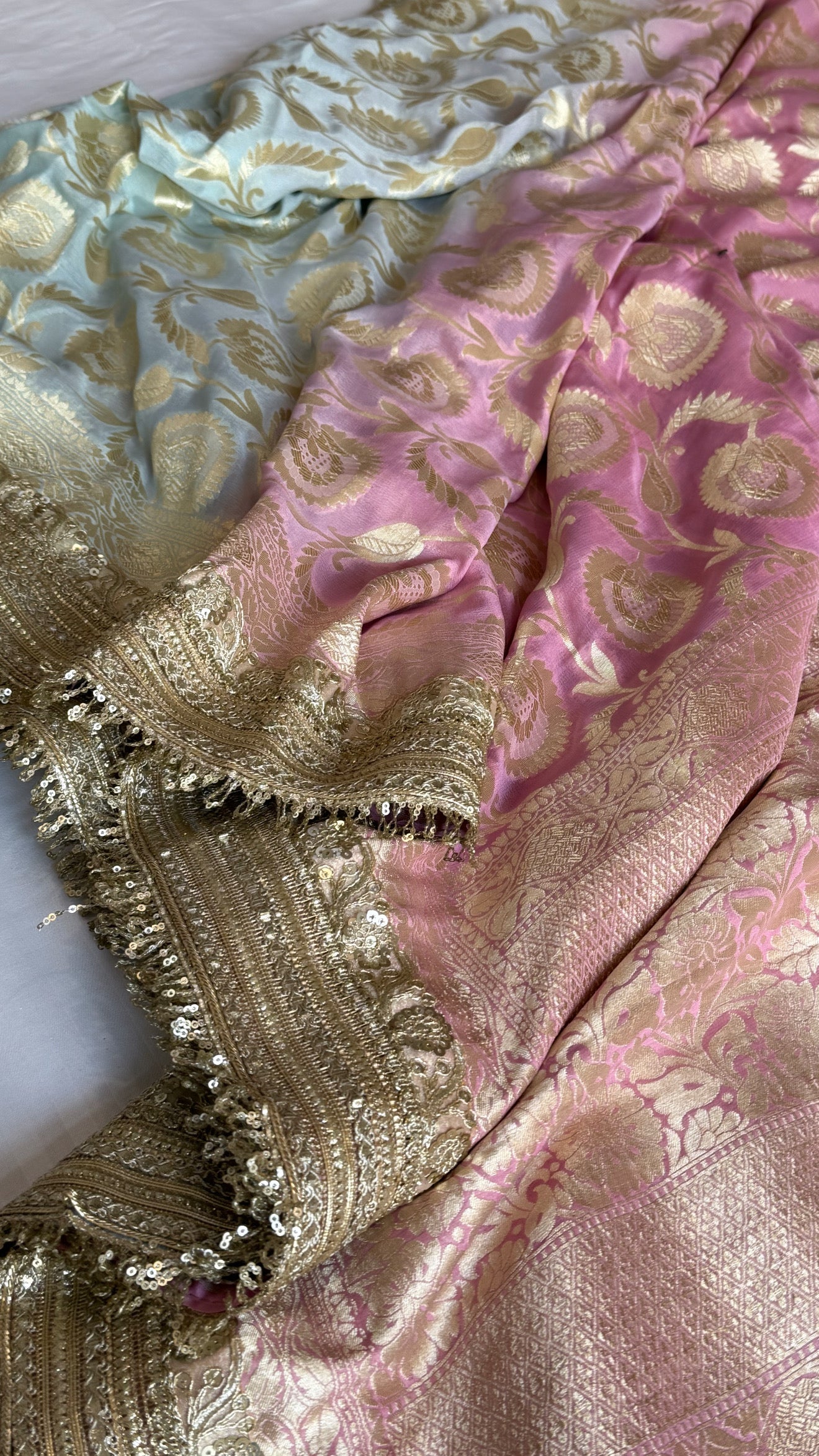 Gayatri devi inspired banarasi chiffon gorgette shaded kadhwa jaal sarees