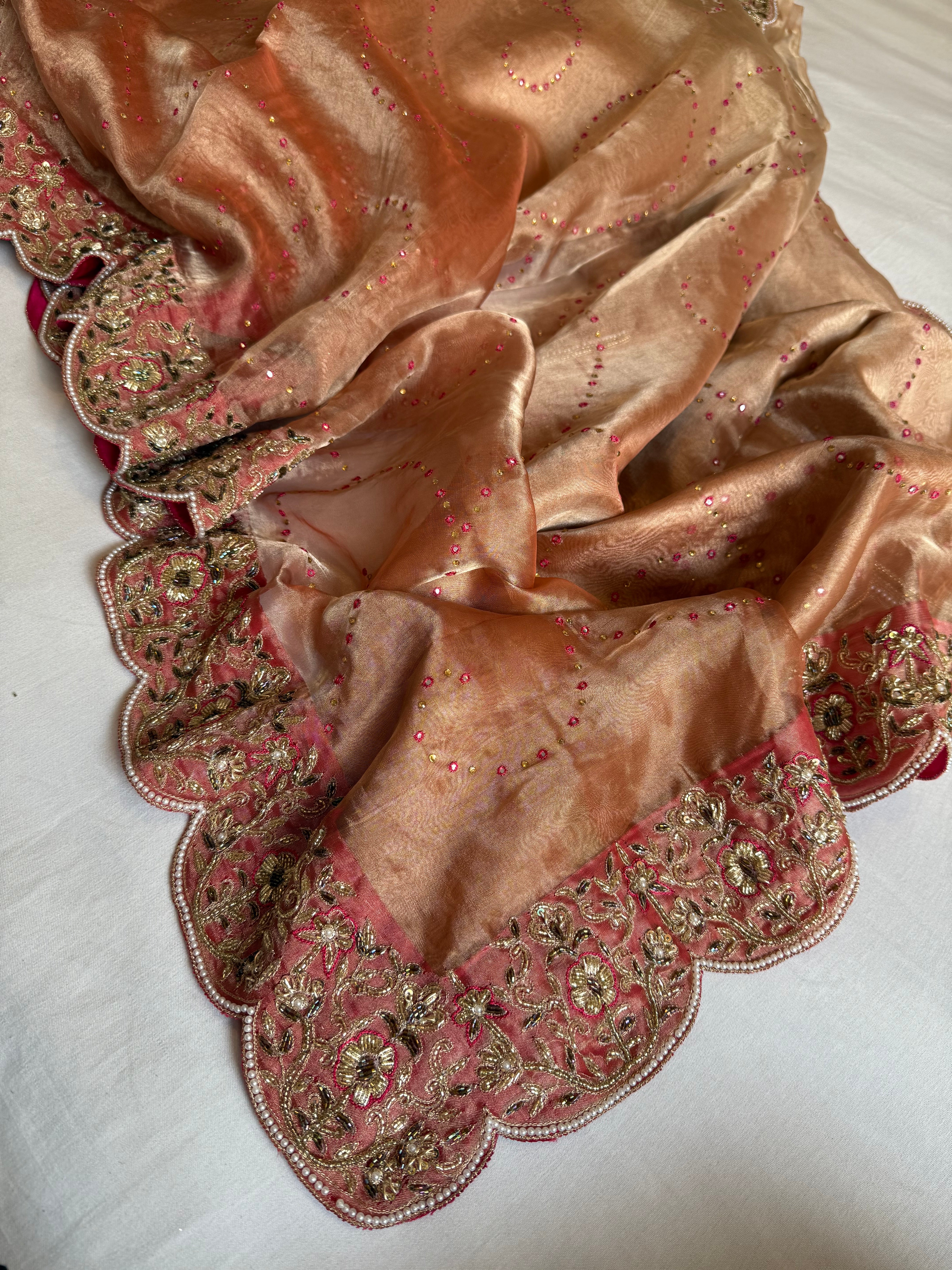 Umrao jaan inspired double diamond tissue silk zardozi work hand embroidered saree