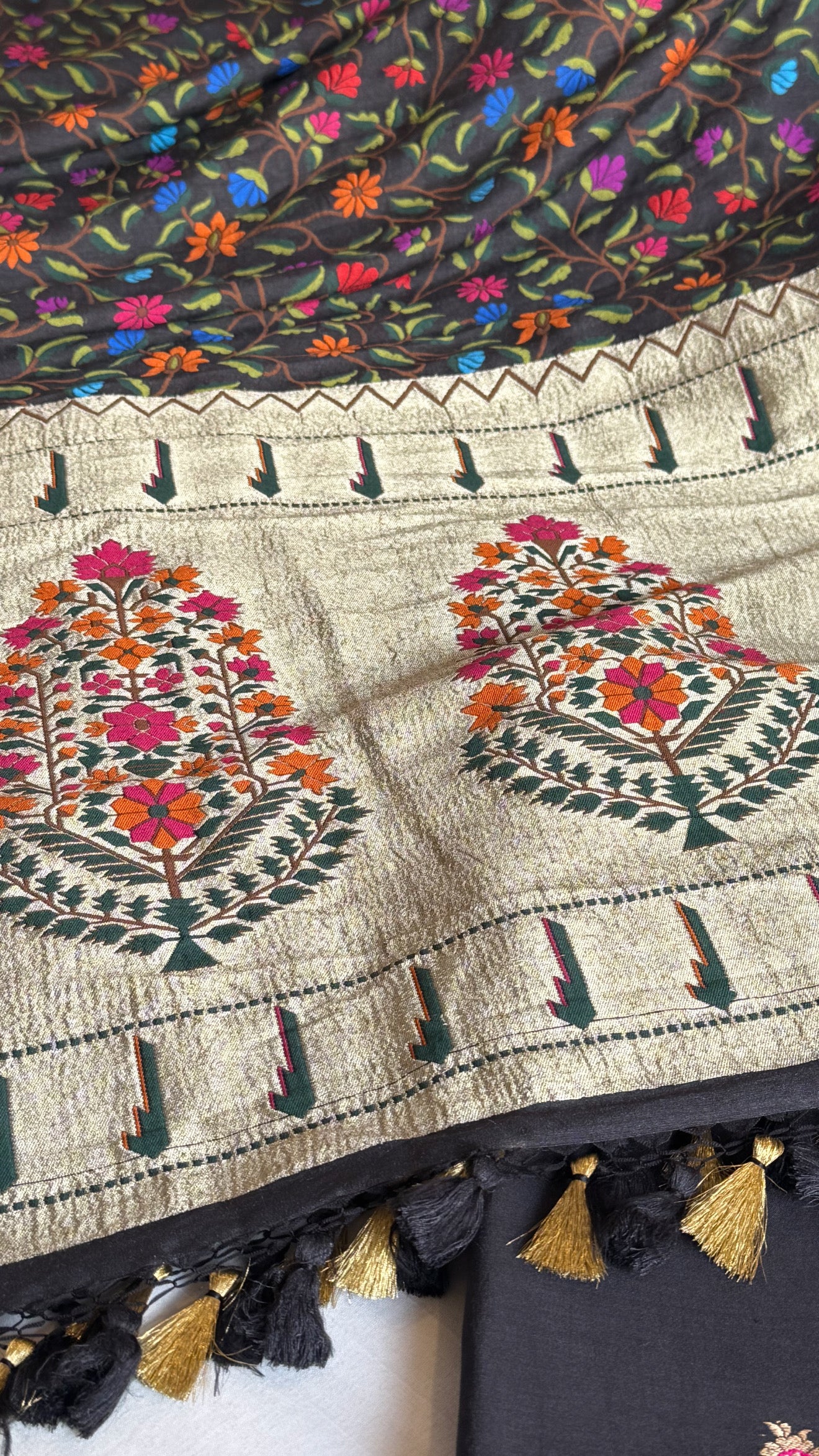 Black paithani meenakari moonga silk heavy jaal duppata paired with kadhwa buti kurta set