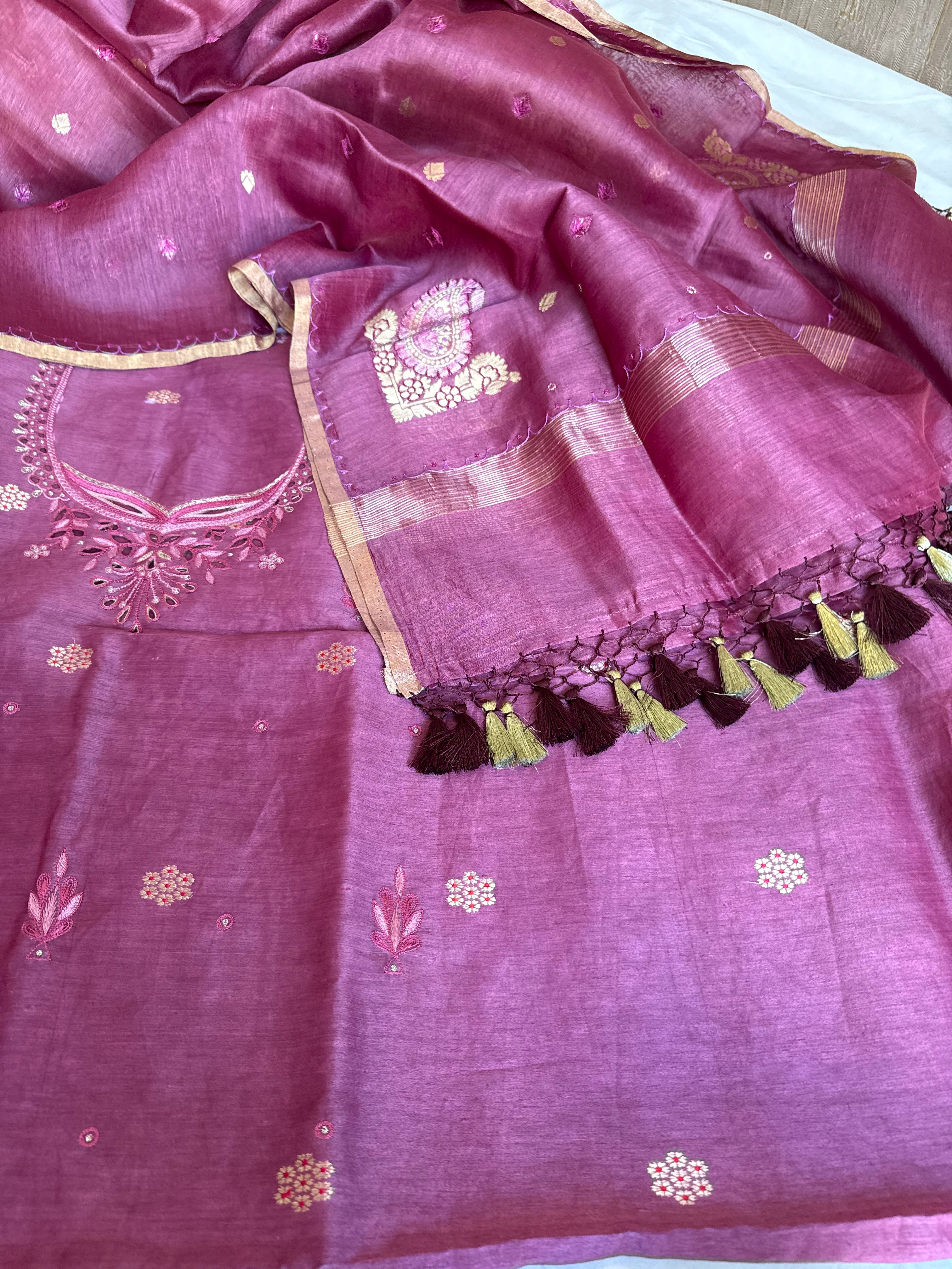 Bright lavender resham thread hand embroidered linen gorgette suit set