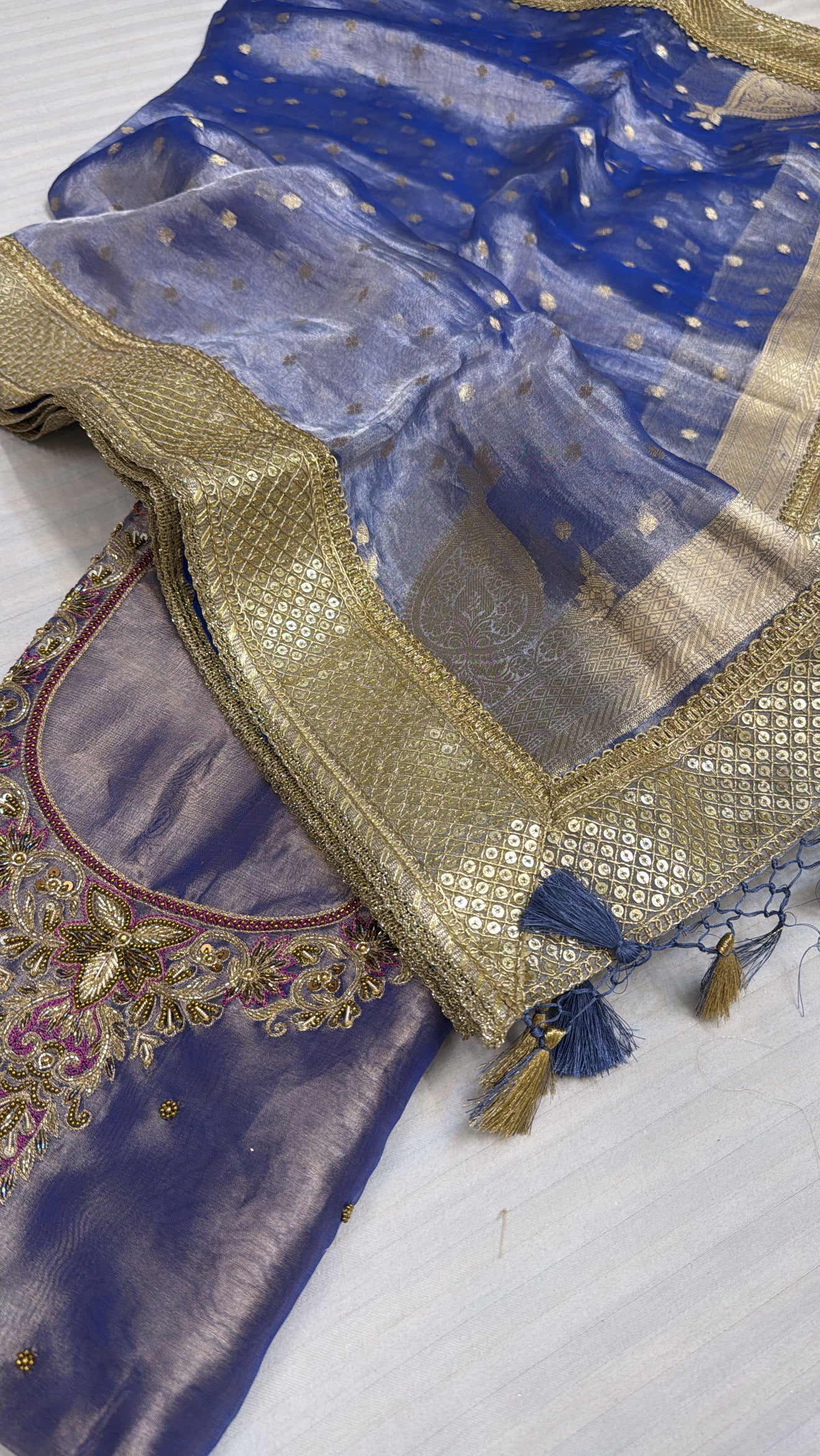 Shagun ke suits - Lilac tissue silk hand embroidered kadhwa suit sets