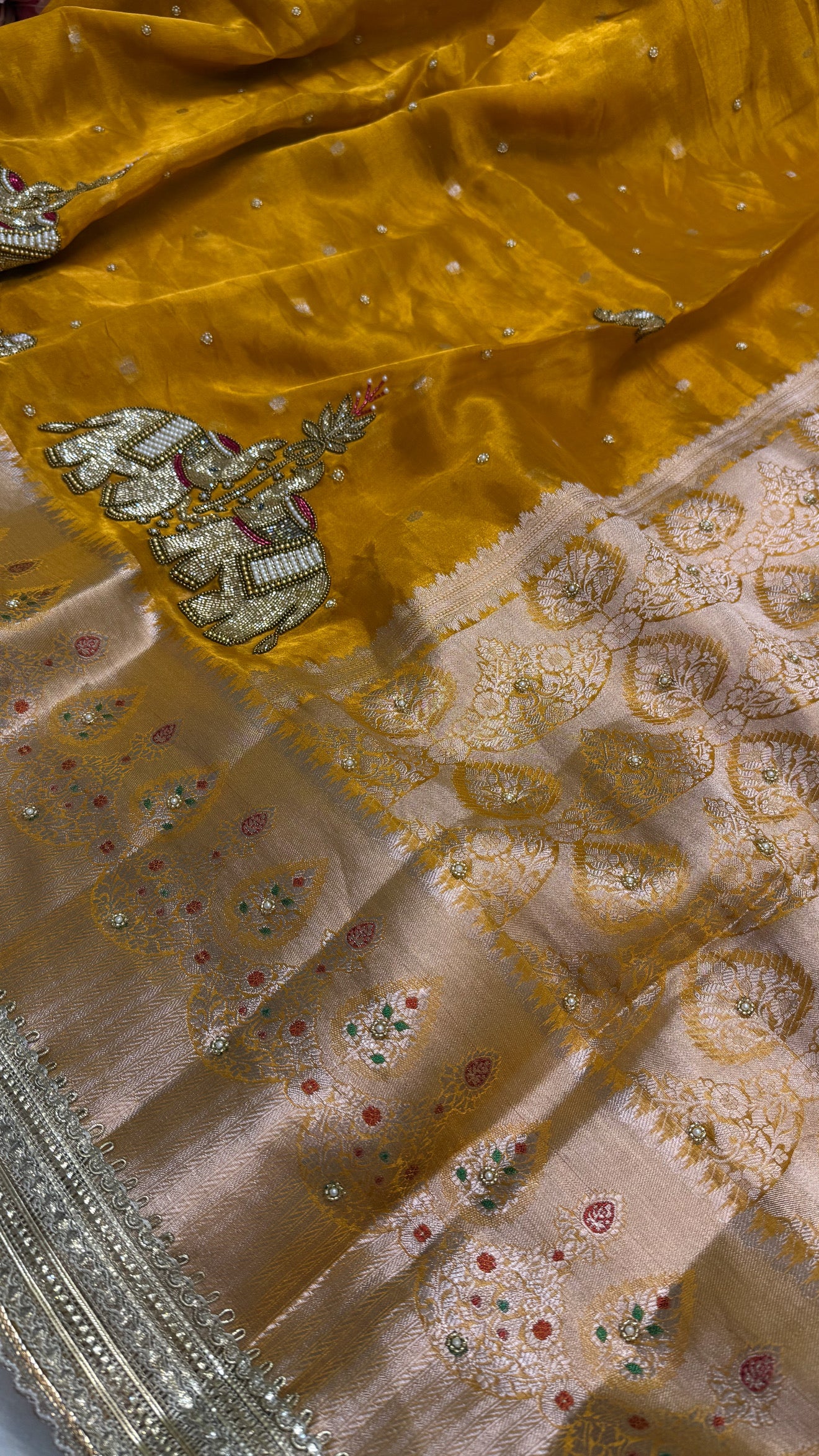 Karwachauth special - Haldi yellow tissue silk elephant motif hand embroidered saree