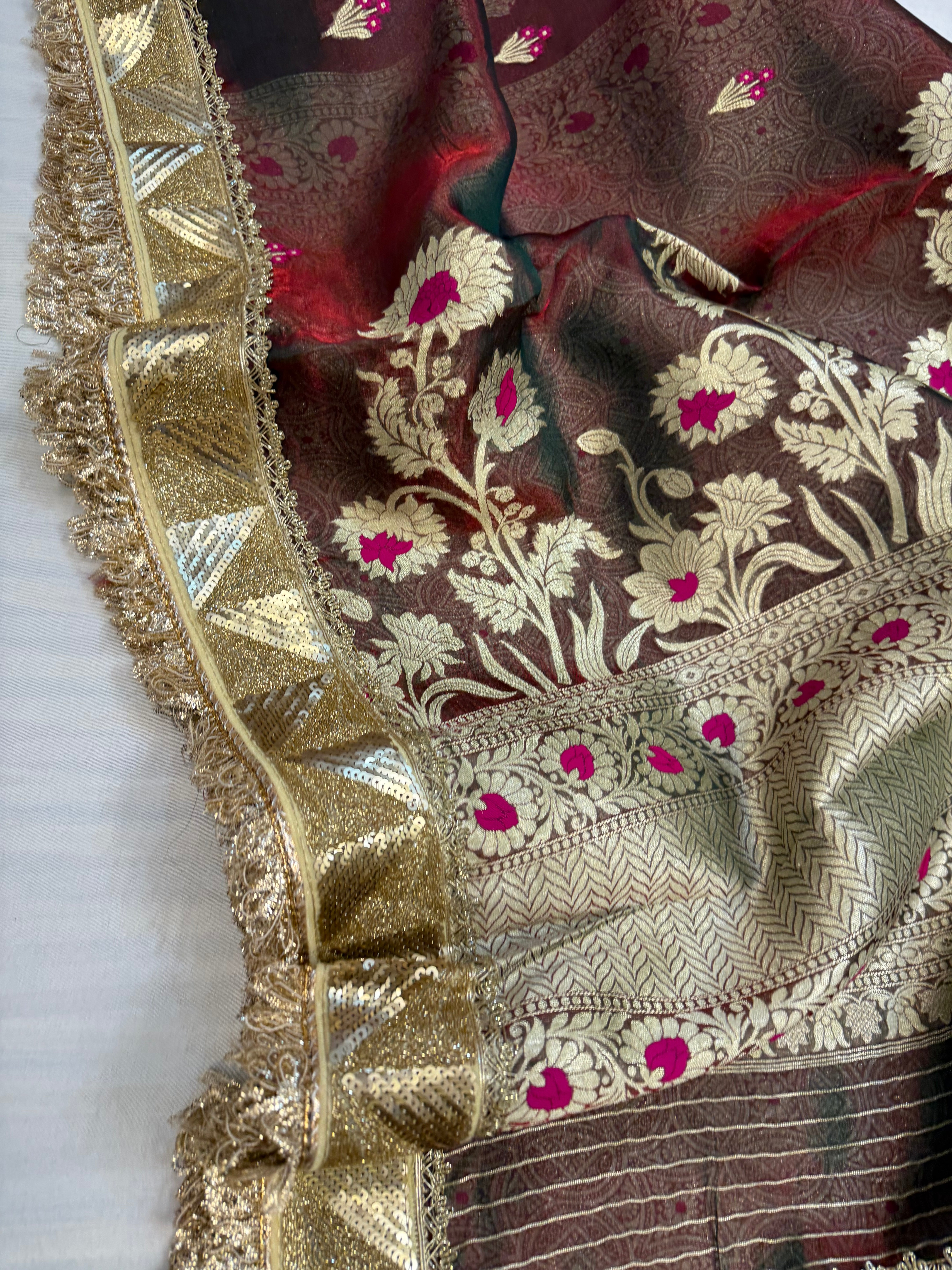 Midnight red maharani tissue silk kadhwa meenakari saree