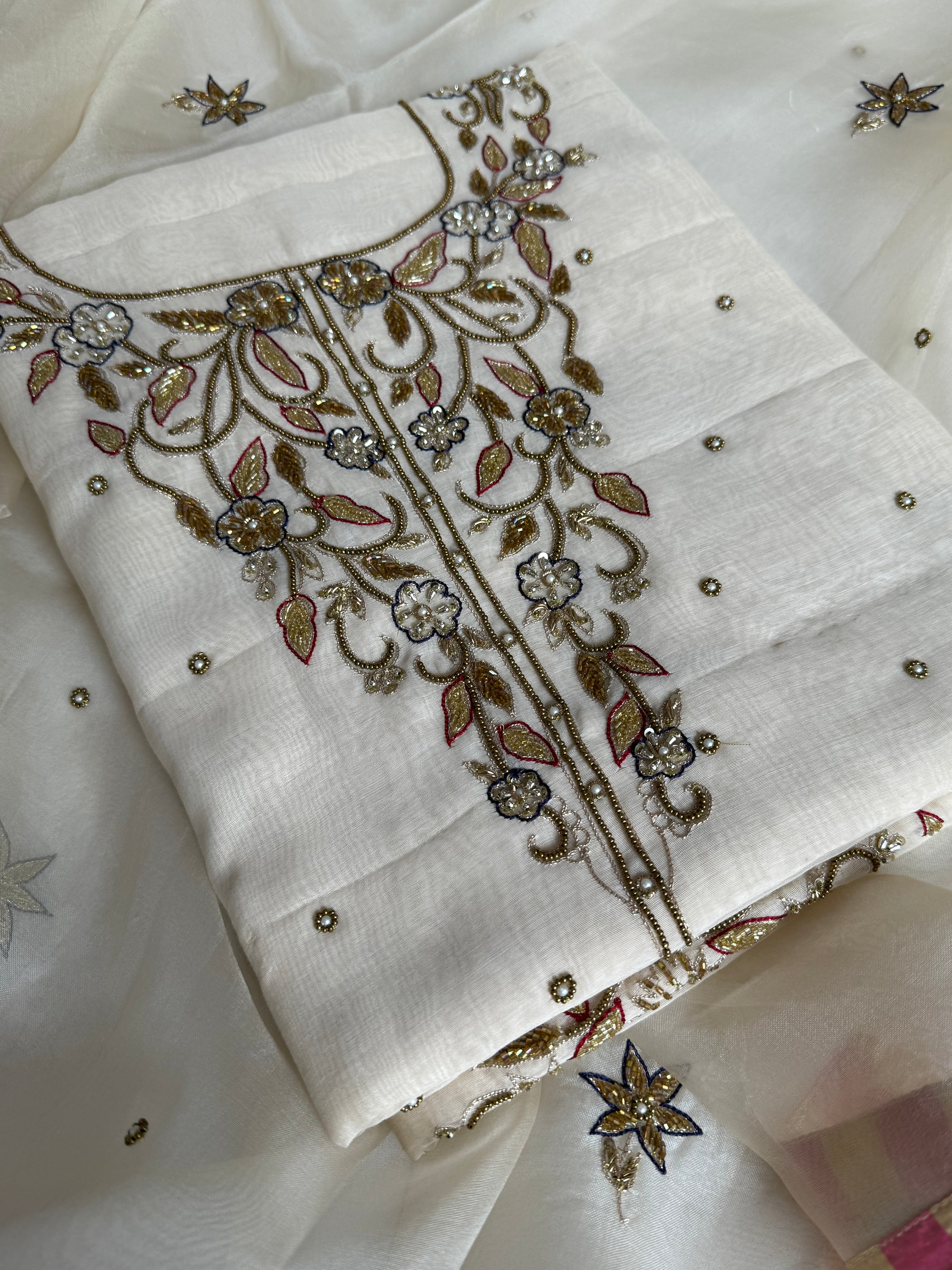 Banarasi formal wear mul cotton heavy hand embroidered suit set with kora silk banarasi border duppata
