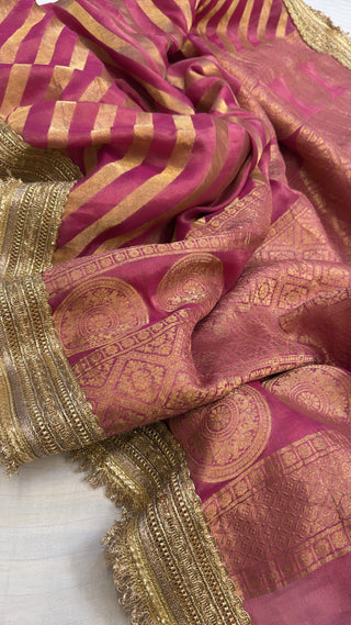 Lotus pink tissue gorgette kadhwa weaving gotapatti saree