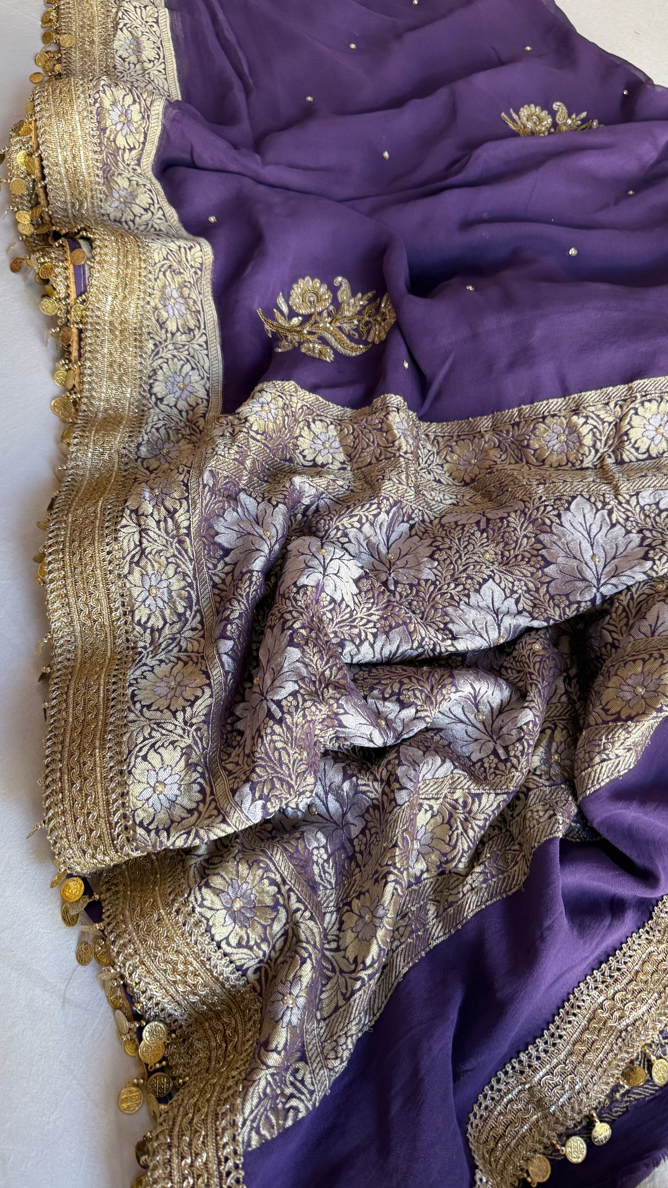 Dusty lavender gorgette banarasi kadhwa hand embroidered saree