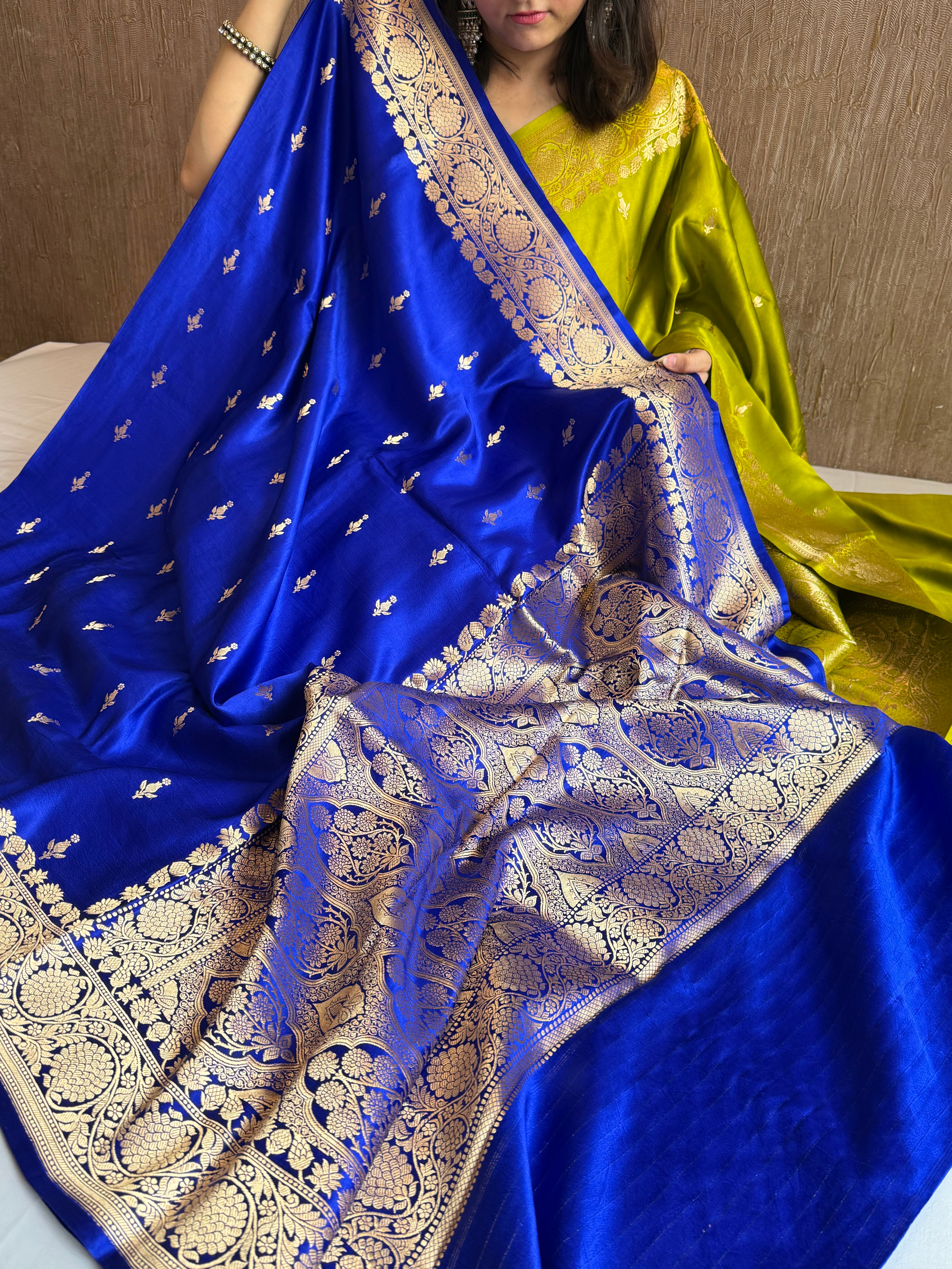 Ink blue banarasi mashru silk kadhwa buti saree