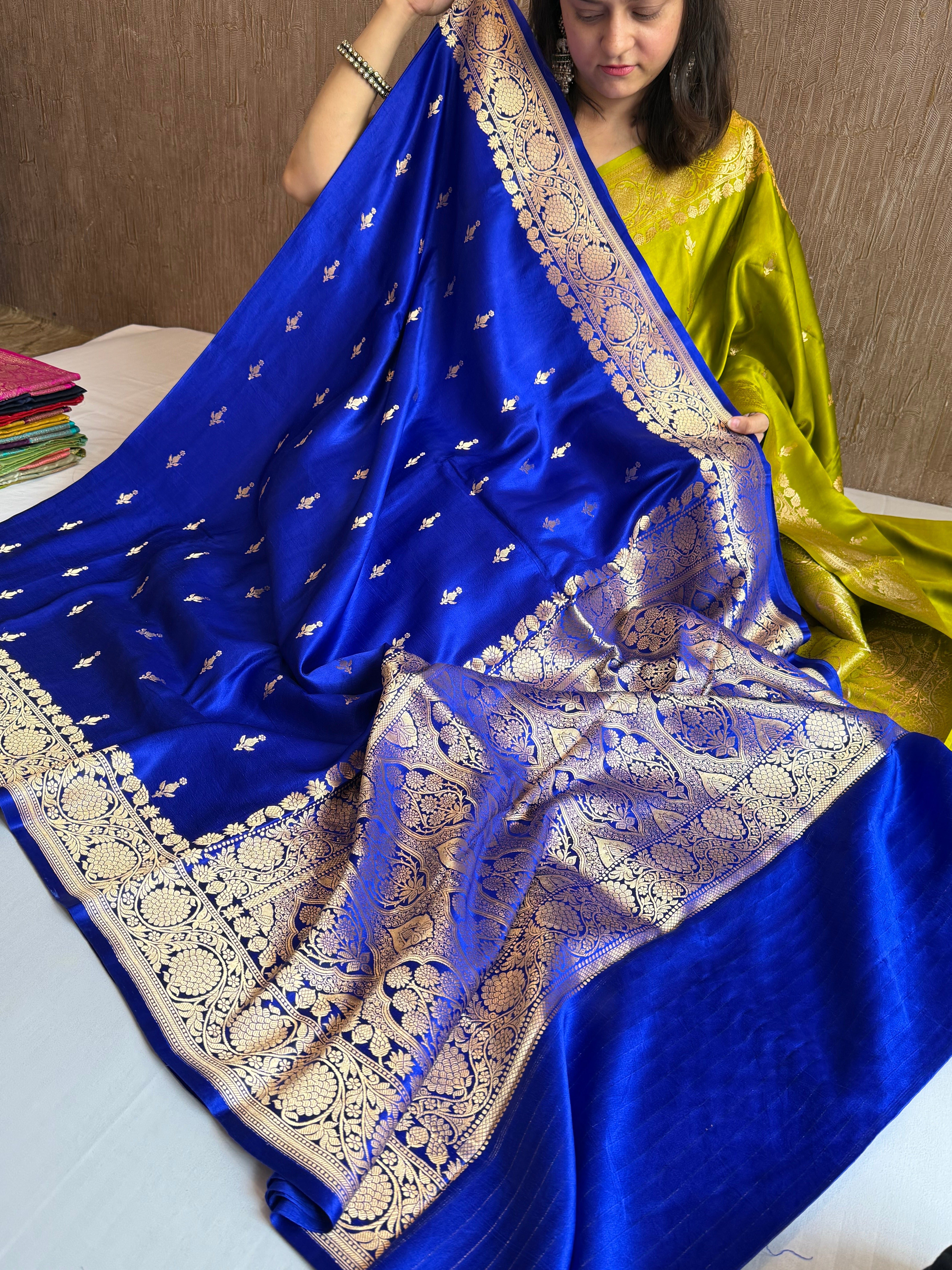 Ink blue banarasi mashru silk kadhwa buti saree