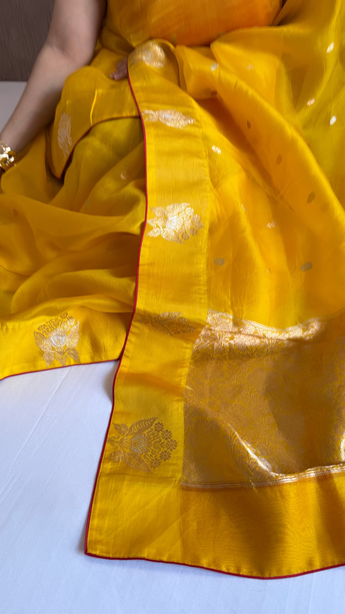 Haldi yellow kora silk banarasi kadhwa border saree