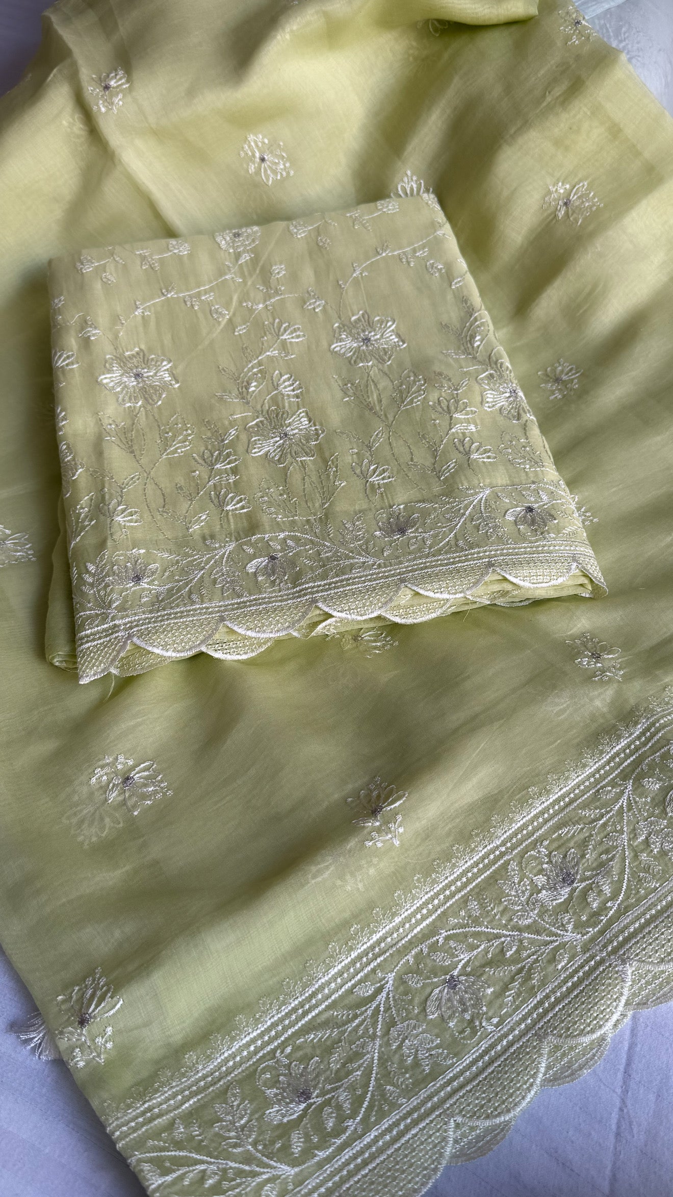 Cotton mulmul banarasi white resham thread hand embroidered kadhwa suit set