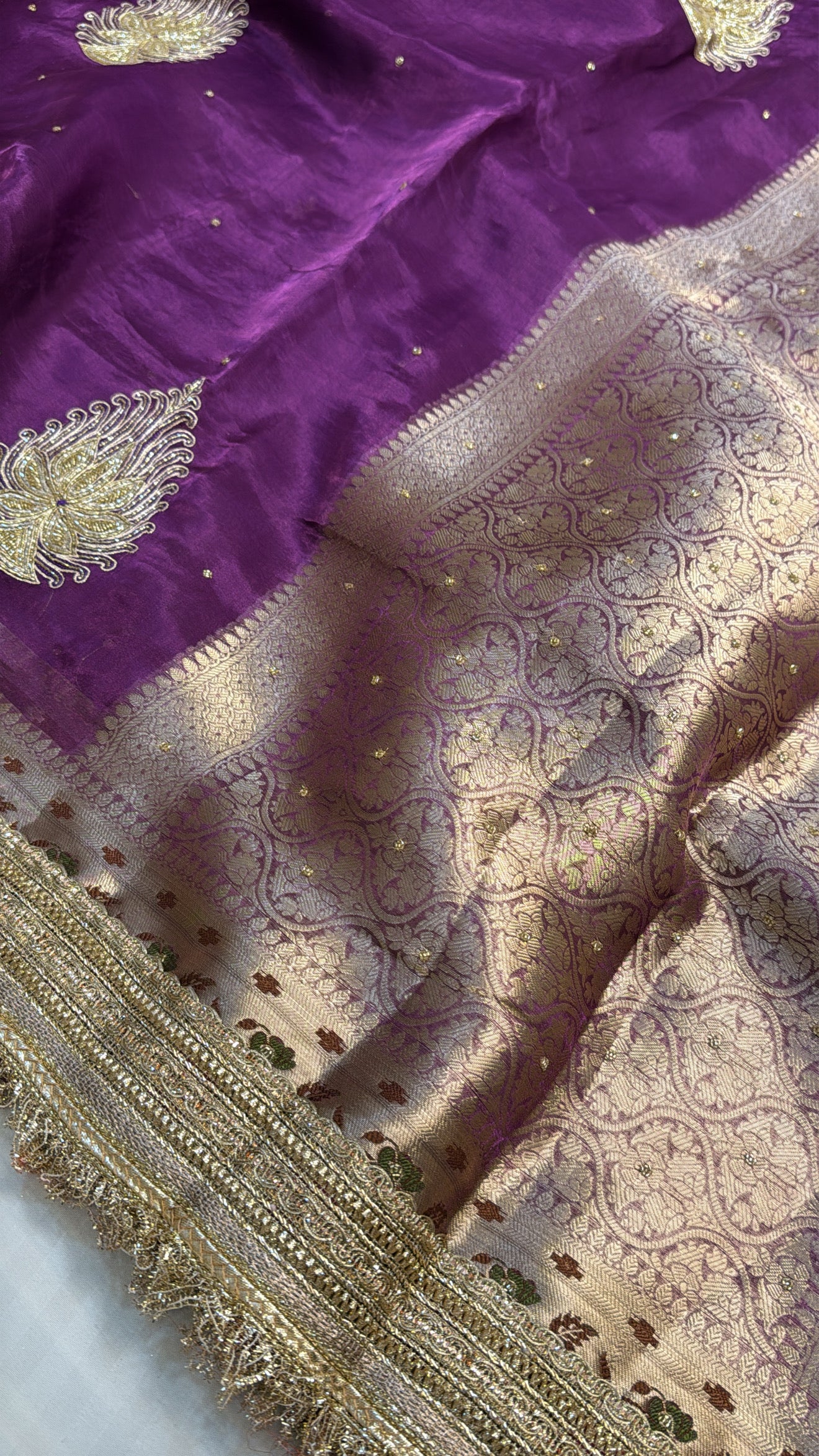 Brinjal purple tissue silk hand embroidered kadhwa saree