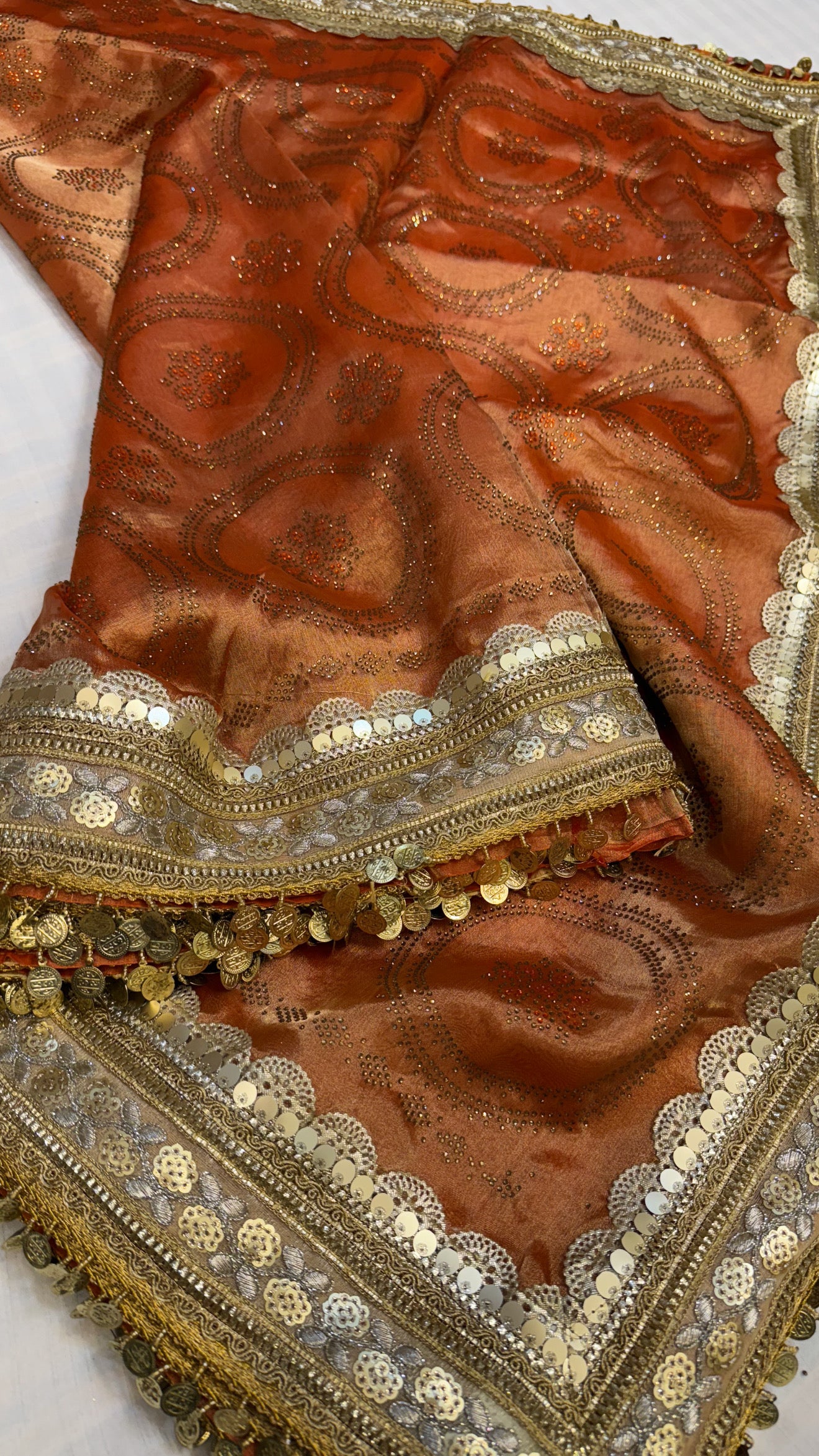 Sitara stonework tangerine orange tissue silk gotapatti saree