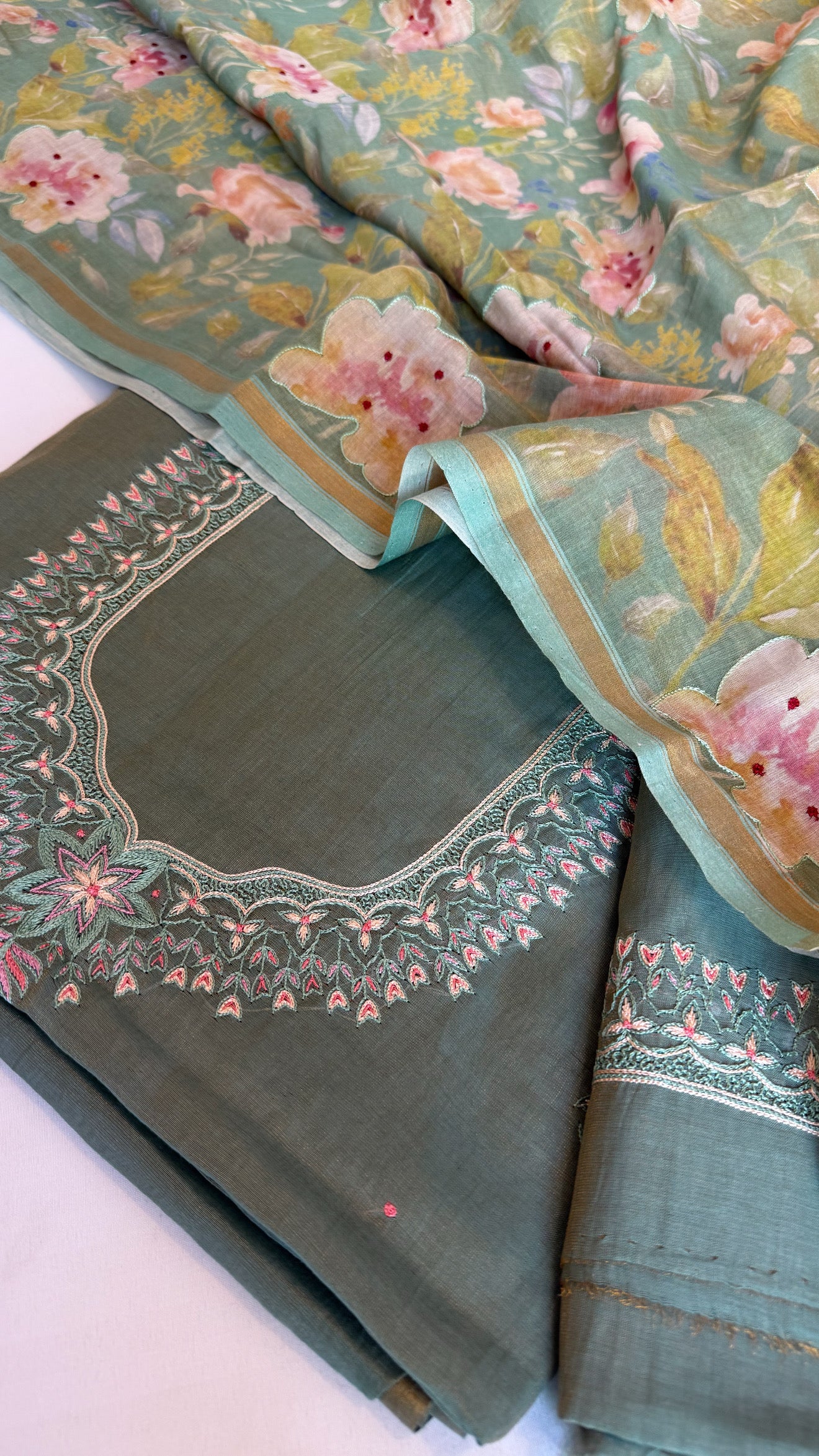 Mint green resham hand embroidered mul cotton suit set