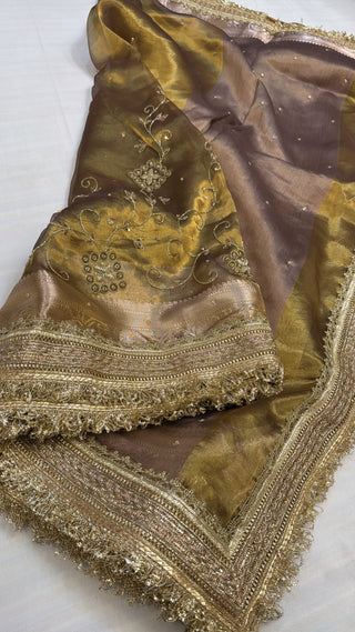 Dulhan wali saree - Olive gold tissue silk heavy hand embroidered saree