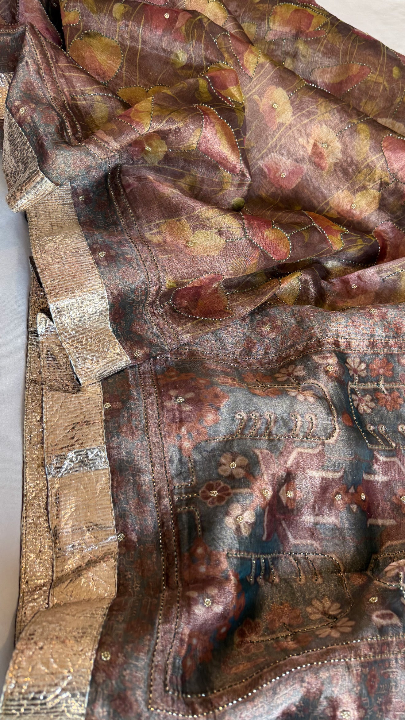 Printed tissue silk hand embroidered gotapatti kadhwa sarees