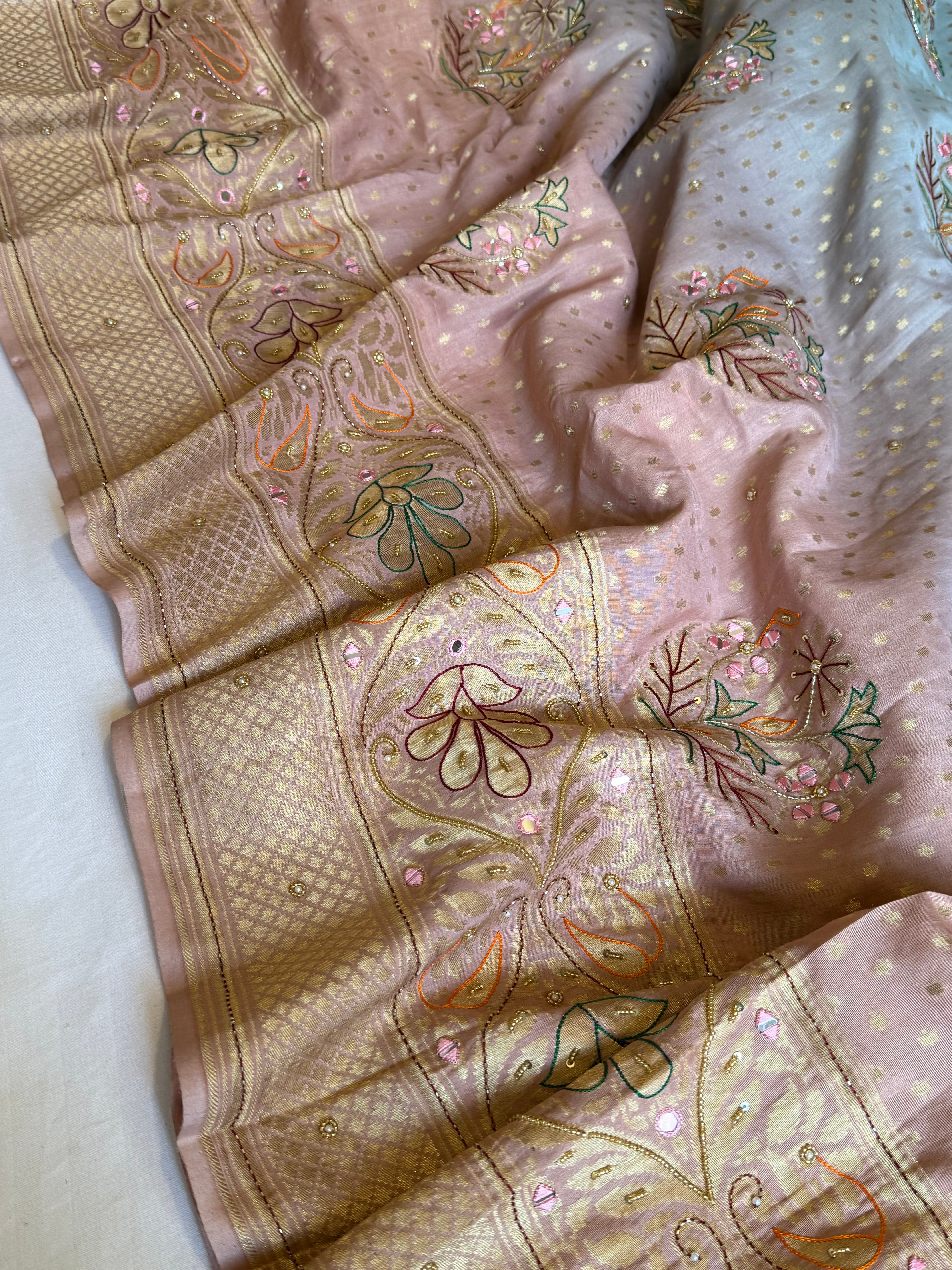 Moonga silk blush blue and pink ombre shaded hand embroidered kadhwa saree
