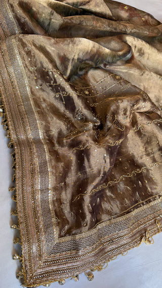 Printed tissue silk heavy hand embroidered kadhwa sarees