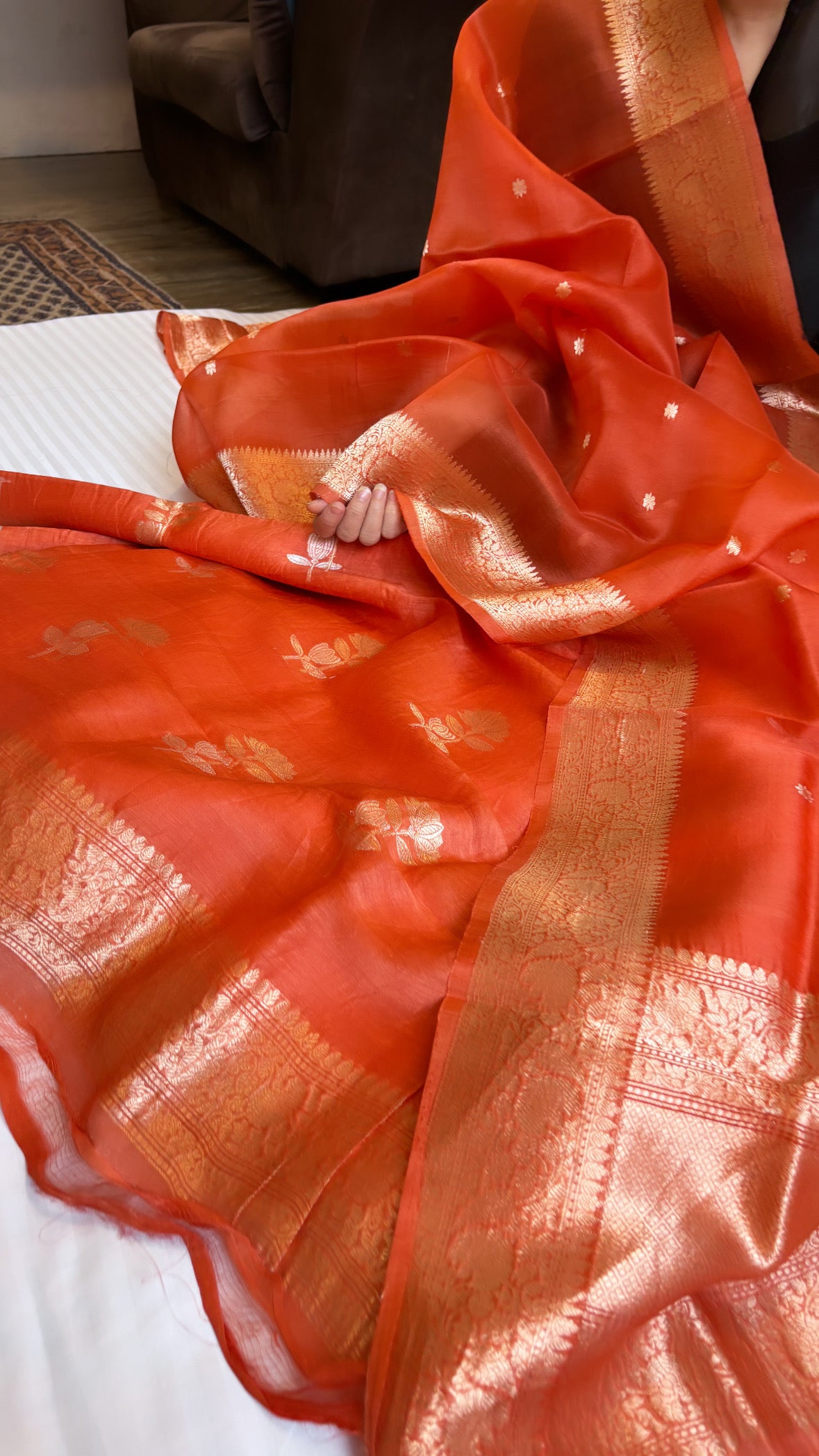 Fanta orange linen gorgette kadhwa buti kurta paired with kora silk kadhwa duppata