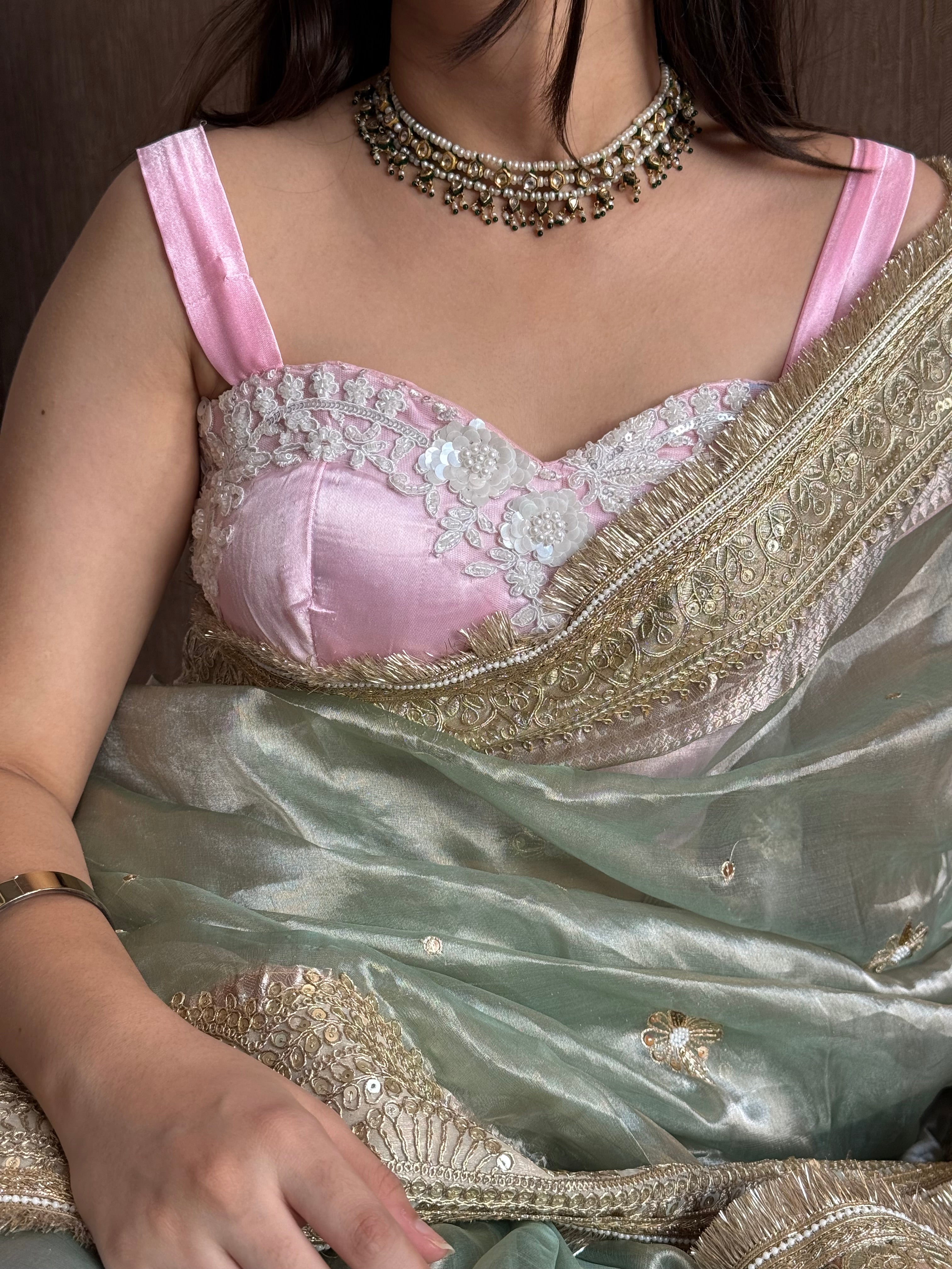 Satin blush pink pearl hand embroidered stitched blouse piece ( SIZE - 36 )