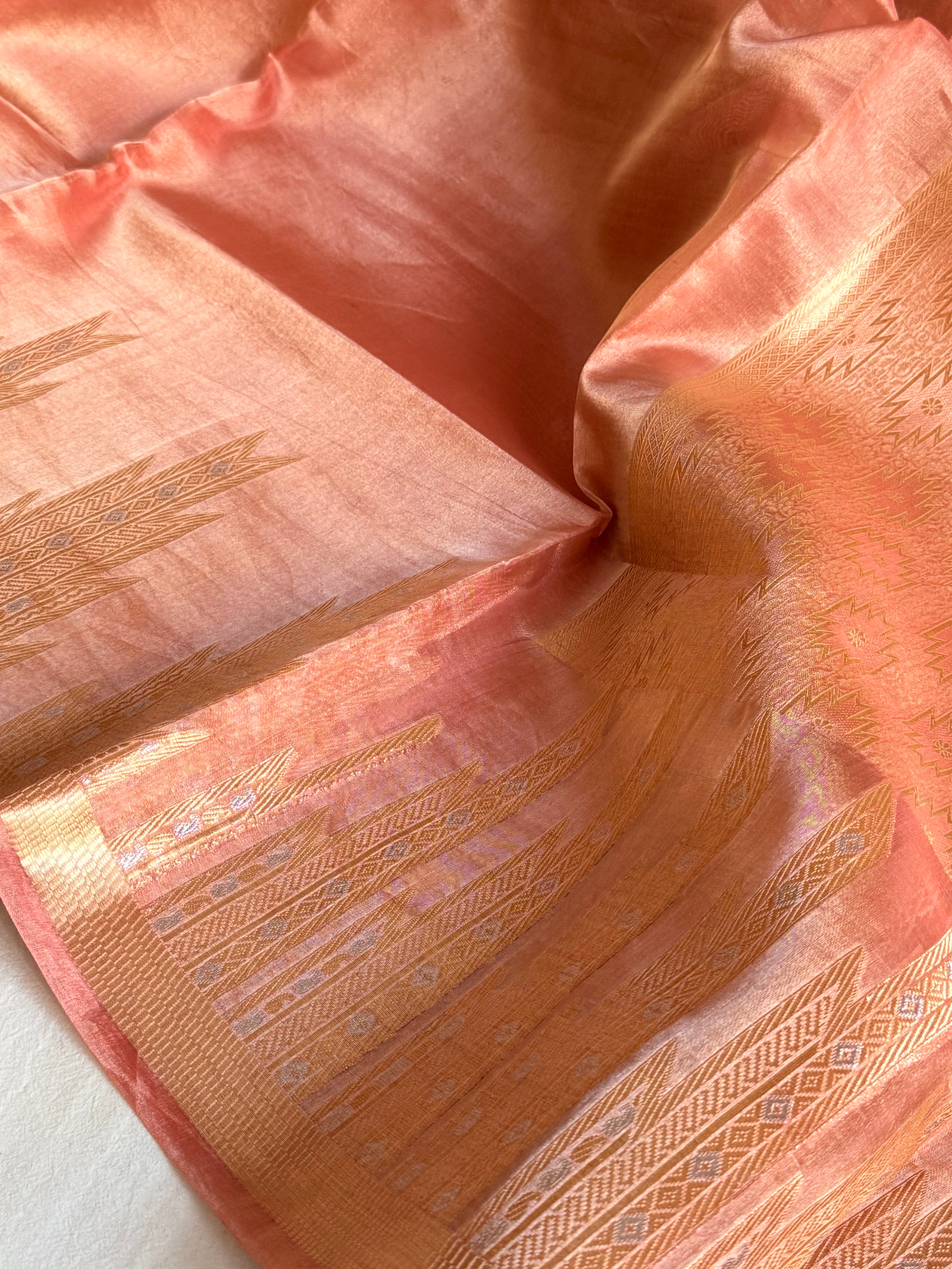 Below 10k - Temple border tissue silk dhup chao effect kadhwa saree