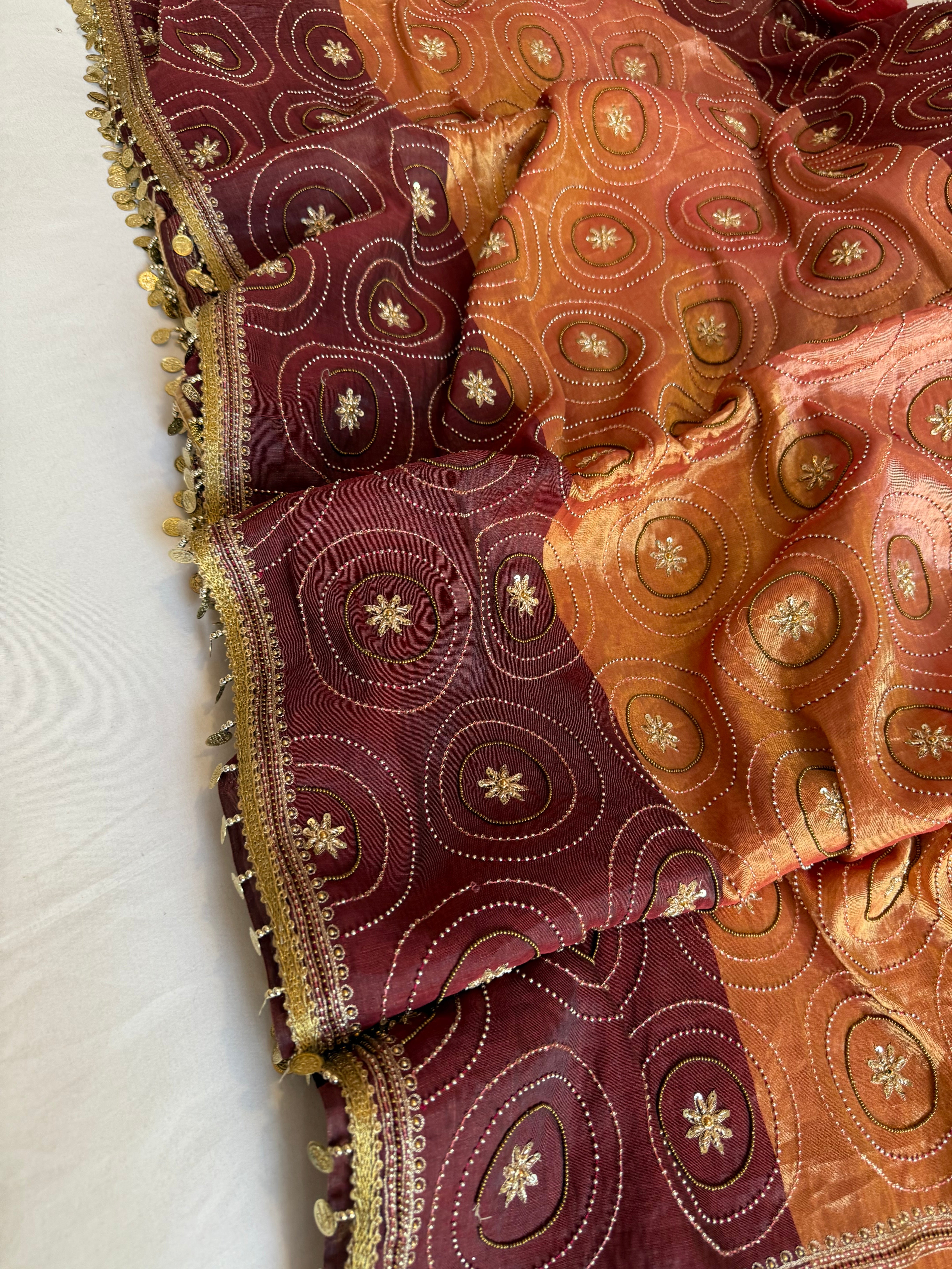 Multicolour double tissue silk heavy hand embroidered kadhwa jaal saree