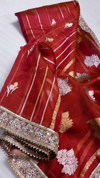 Maharani tomato deep red tissue silk kadhwa buti saree