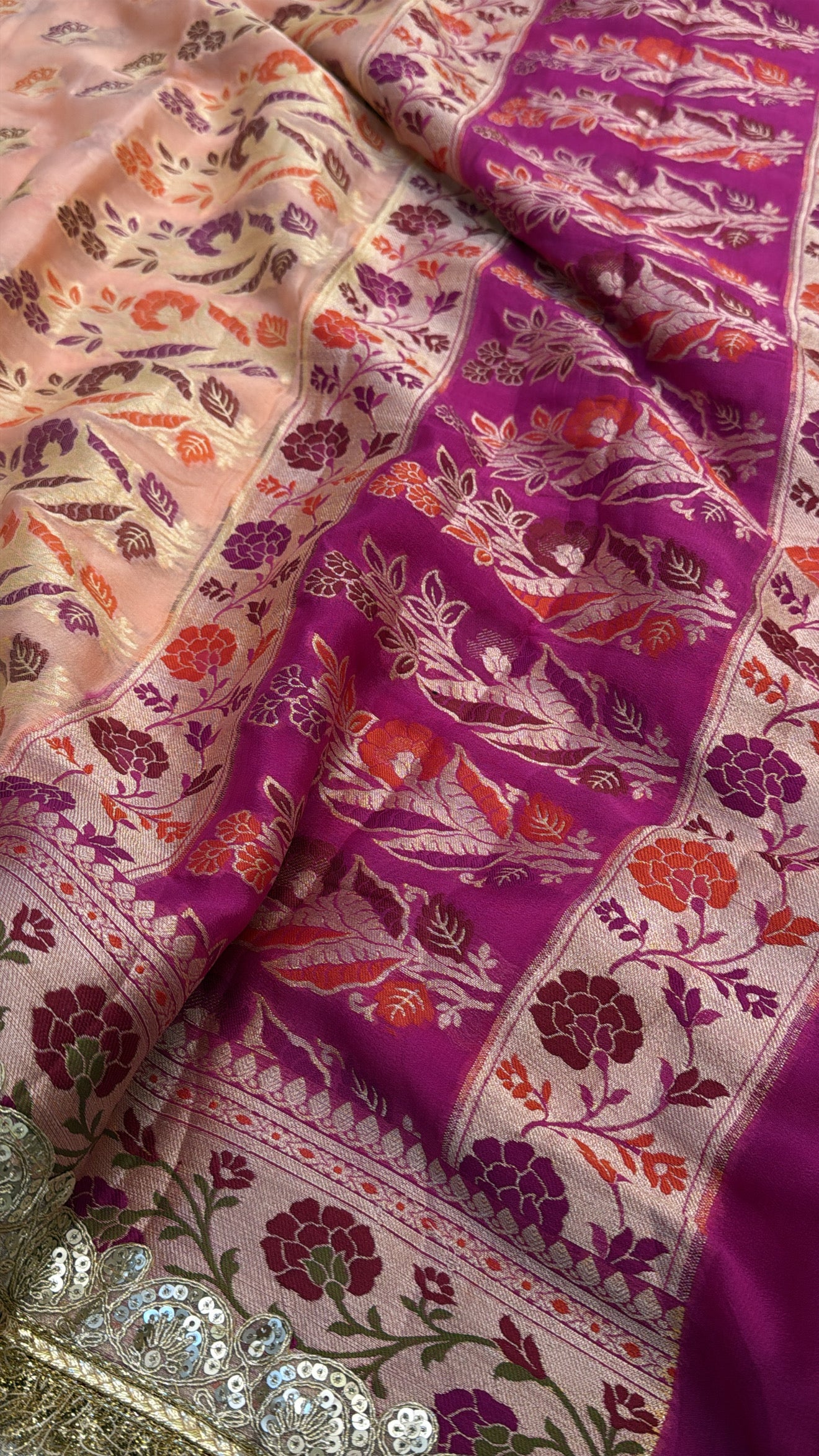 Banarasi chiffon gorgette kadhwa meenakari buti chap dye saree