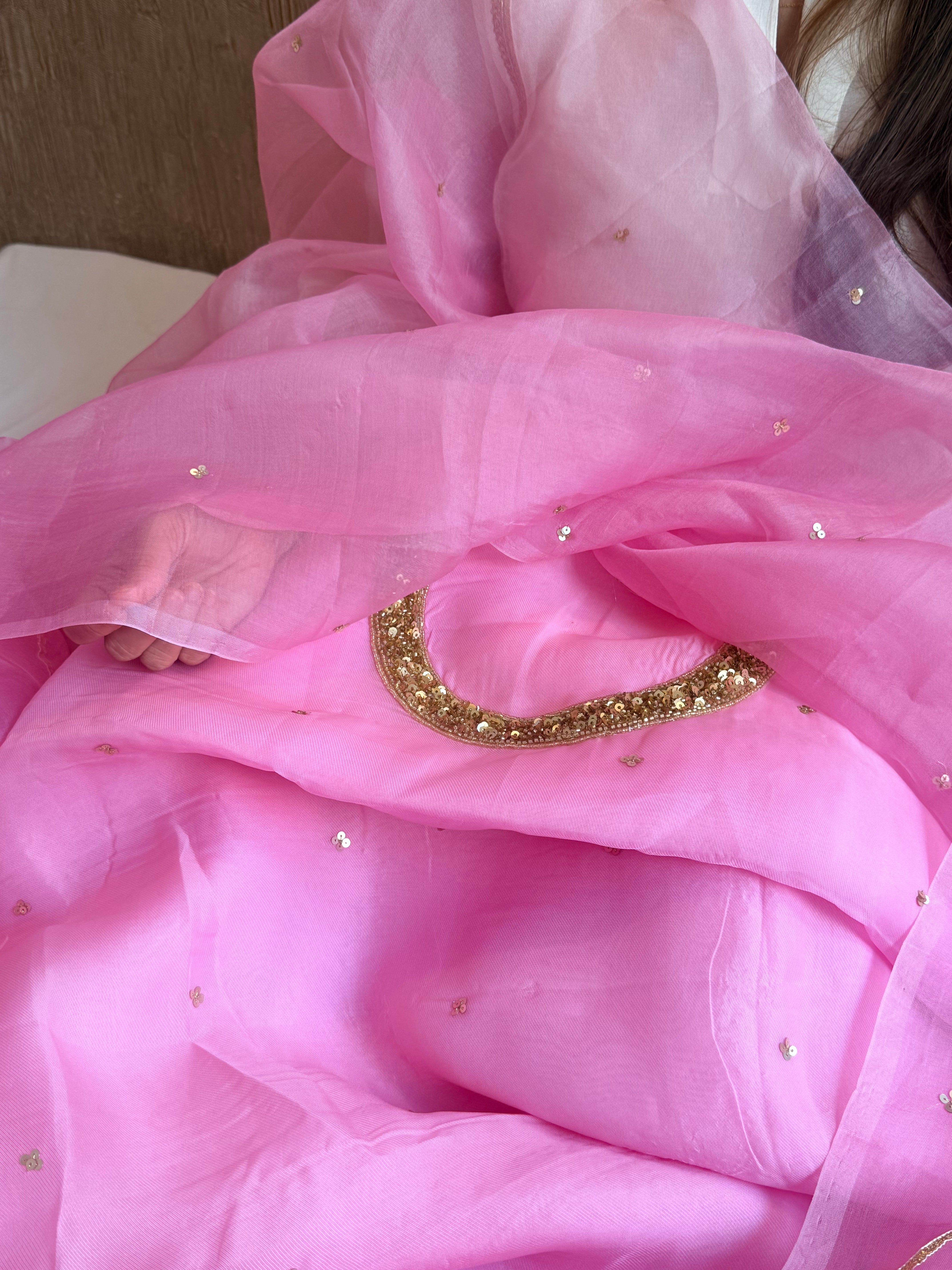 Blush lotus pink kora silk hand embroidered kadhwa suit set