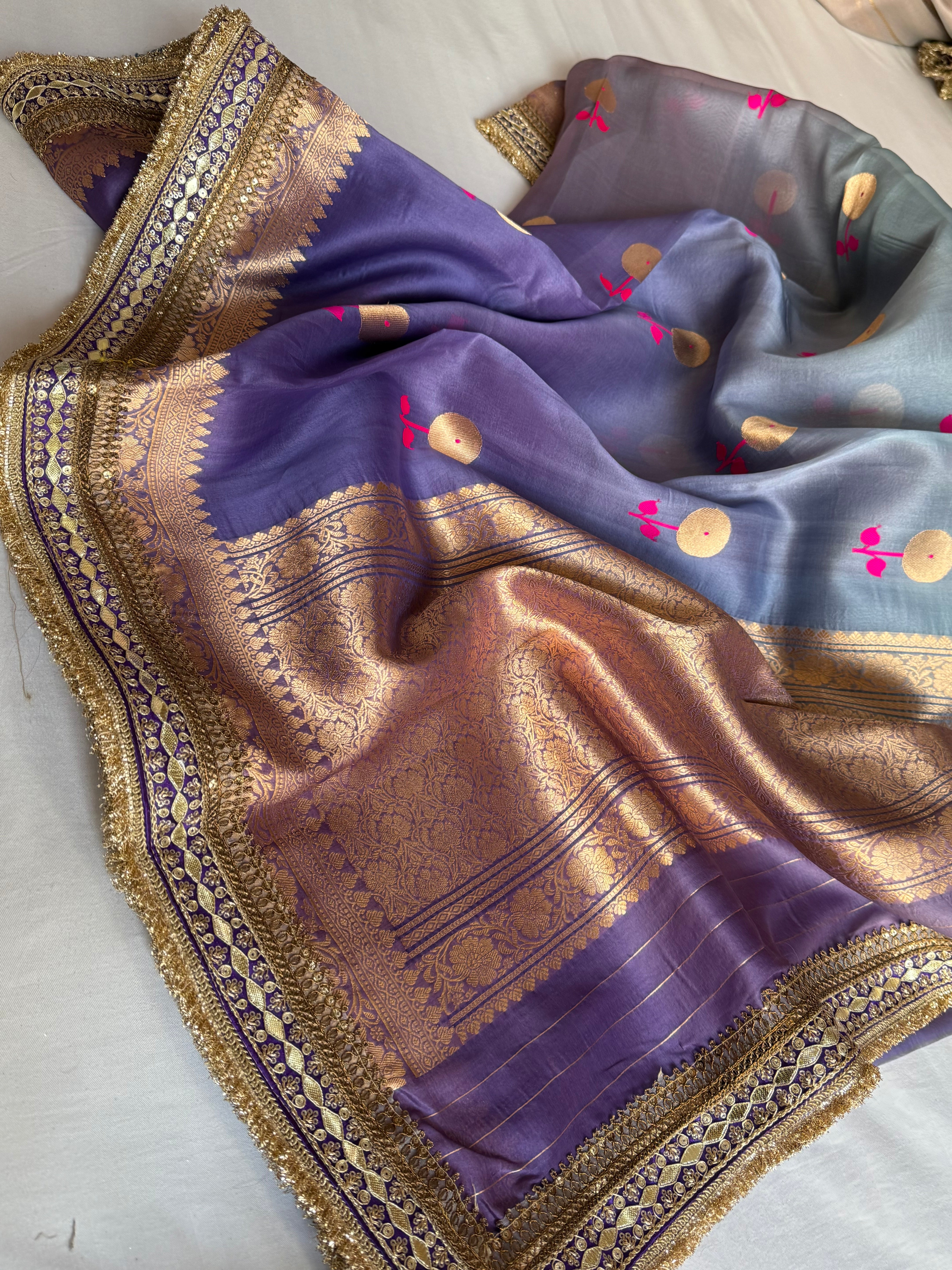 Rang-birangi banarasi kora silk multicoloured shaded kadhwa saree