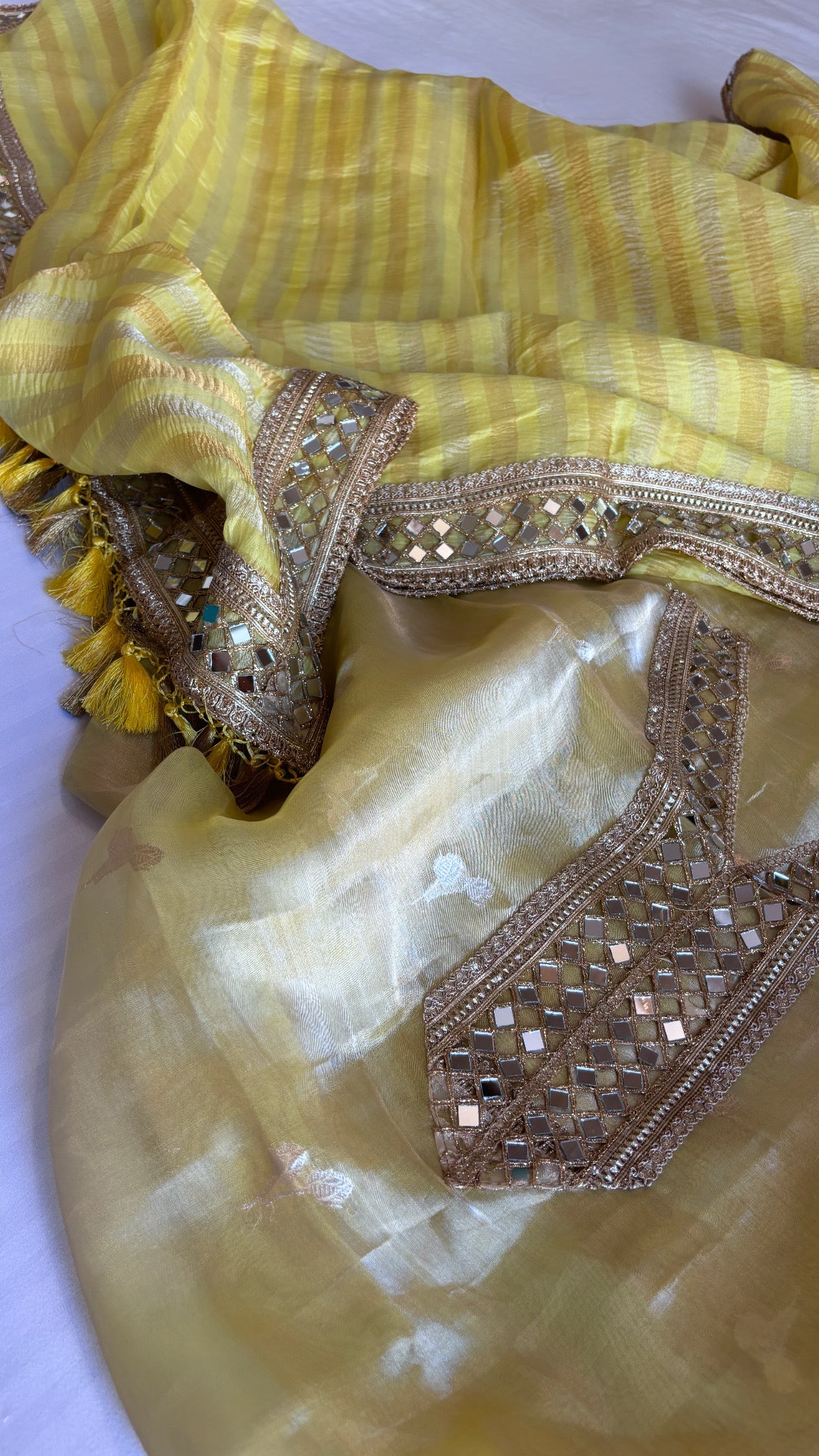 Lime green husn tissue silk mirror work suit set