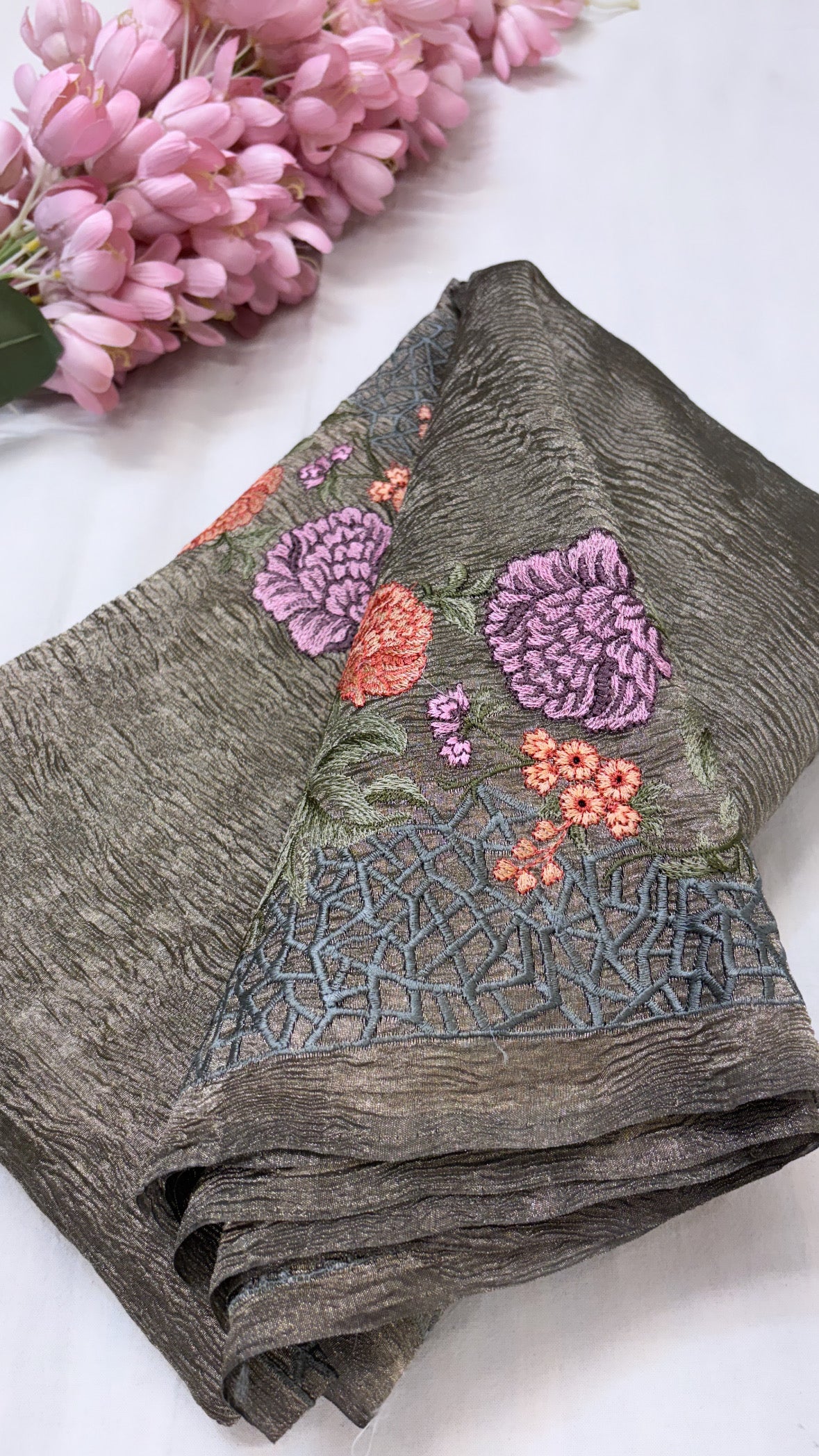 Damini metallic silver crushed tissue silk saree