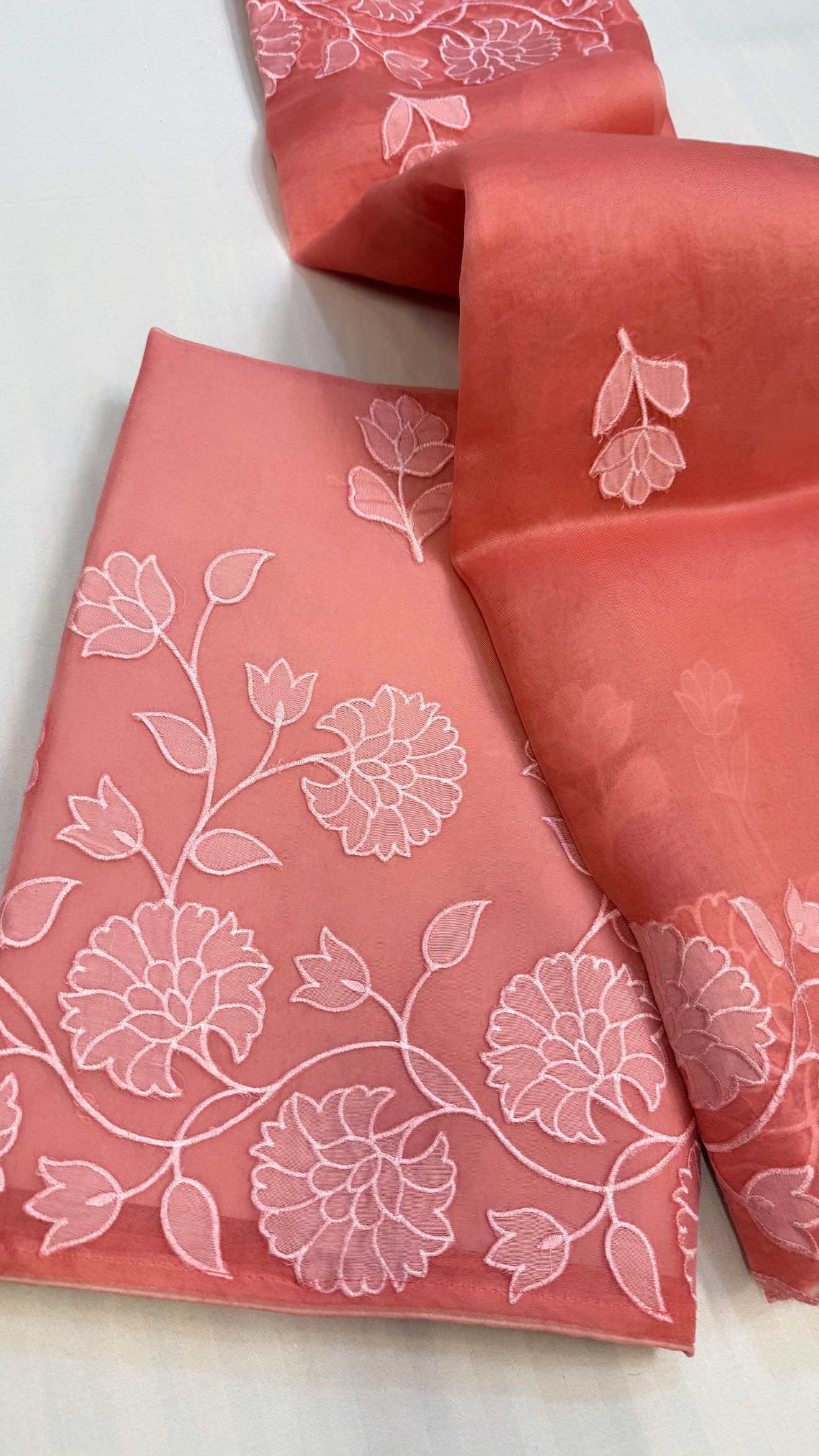 Kora silk appliqué work hand embroidered kadhwa suit set