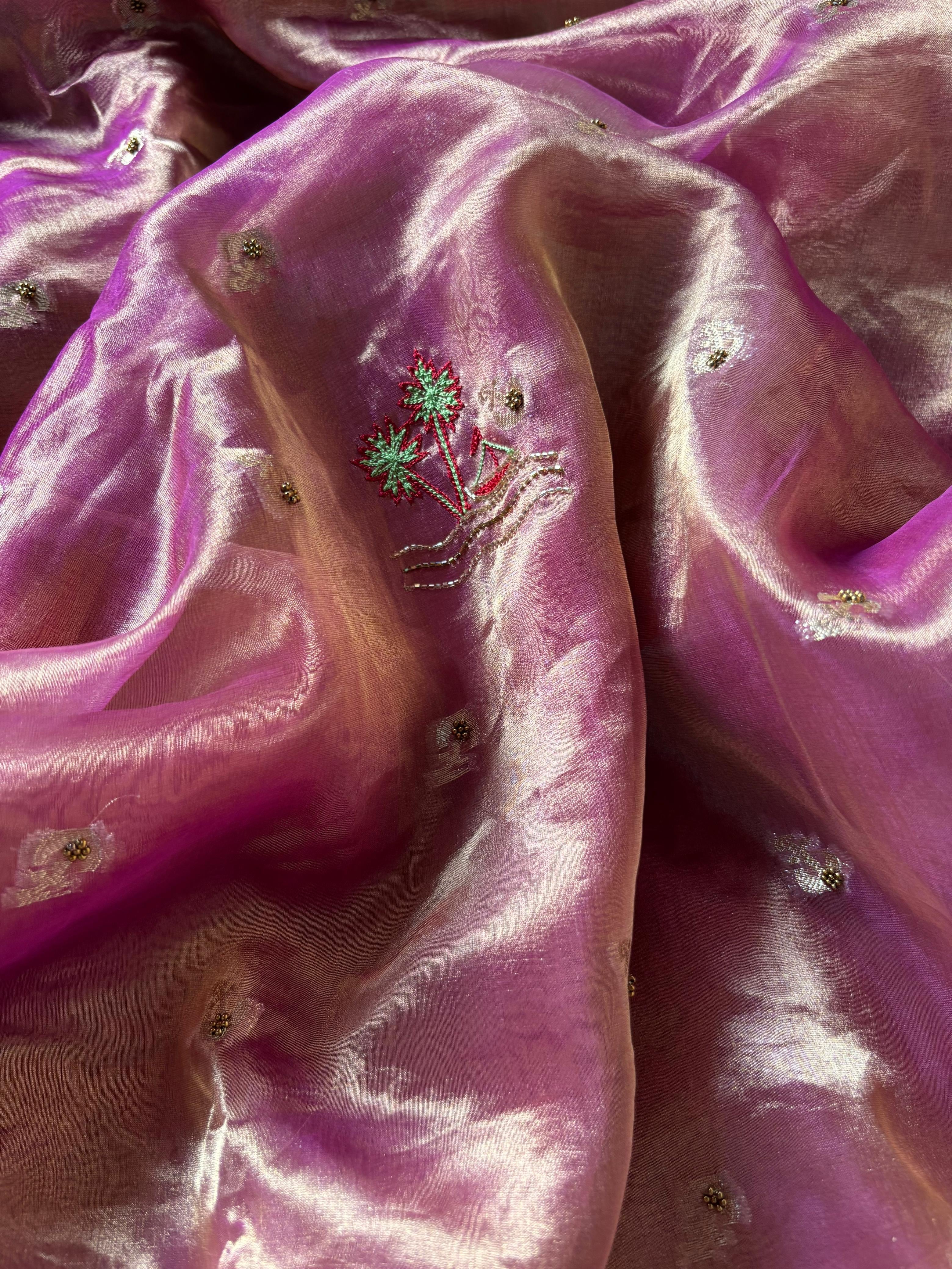 Gangakinare edit lotus purple tissue silk hand embroidered kadhwa saree