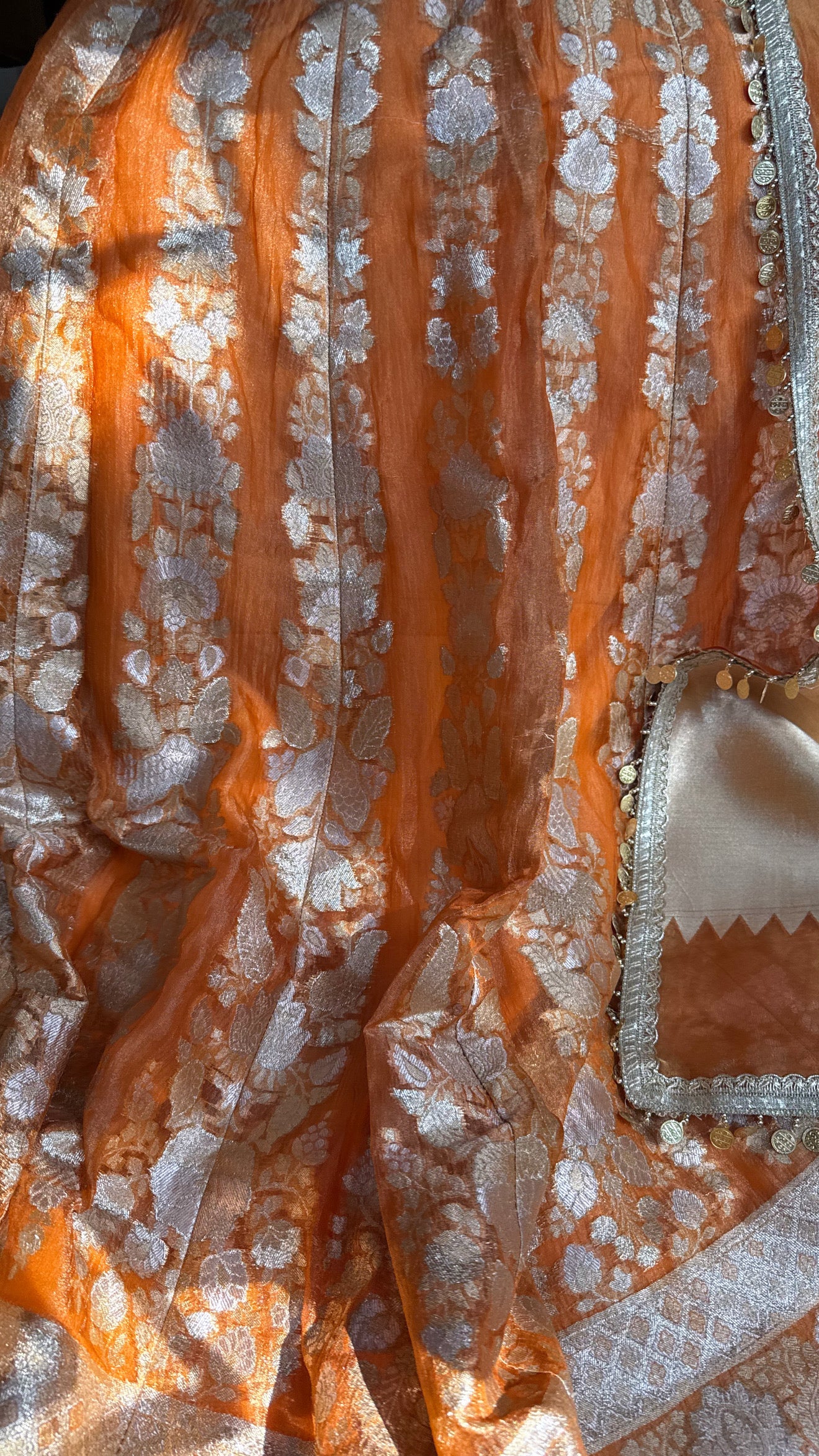 Fanta orange tissue silk kali wala lehenga set