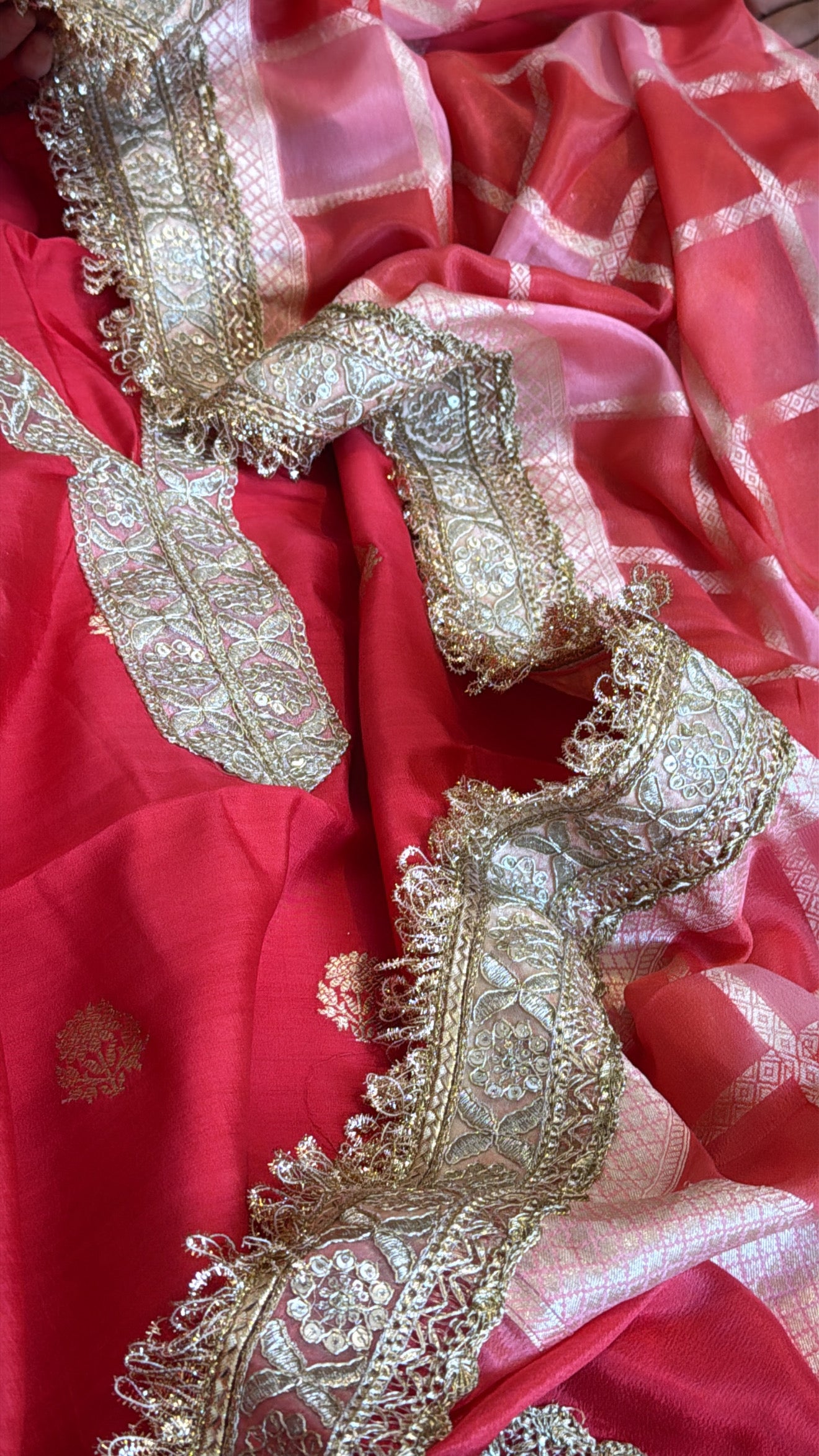 Tomato red moonga silk rangkaat dye chaukadi weaving silk suit set