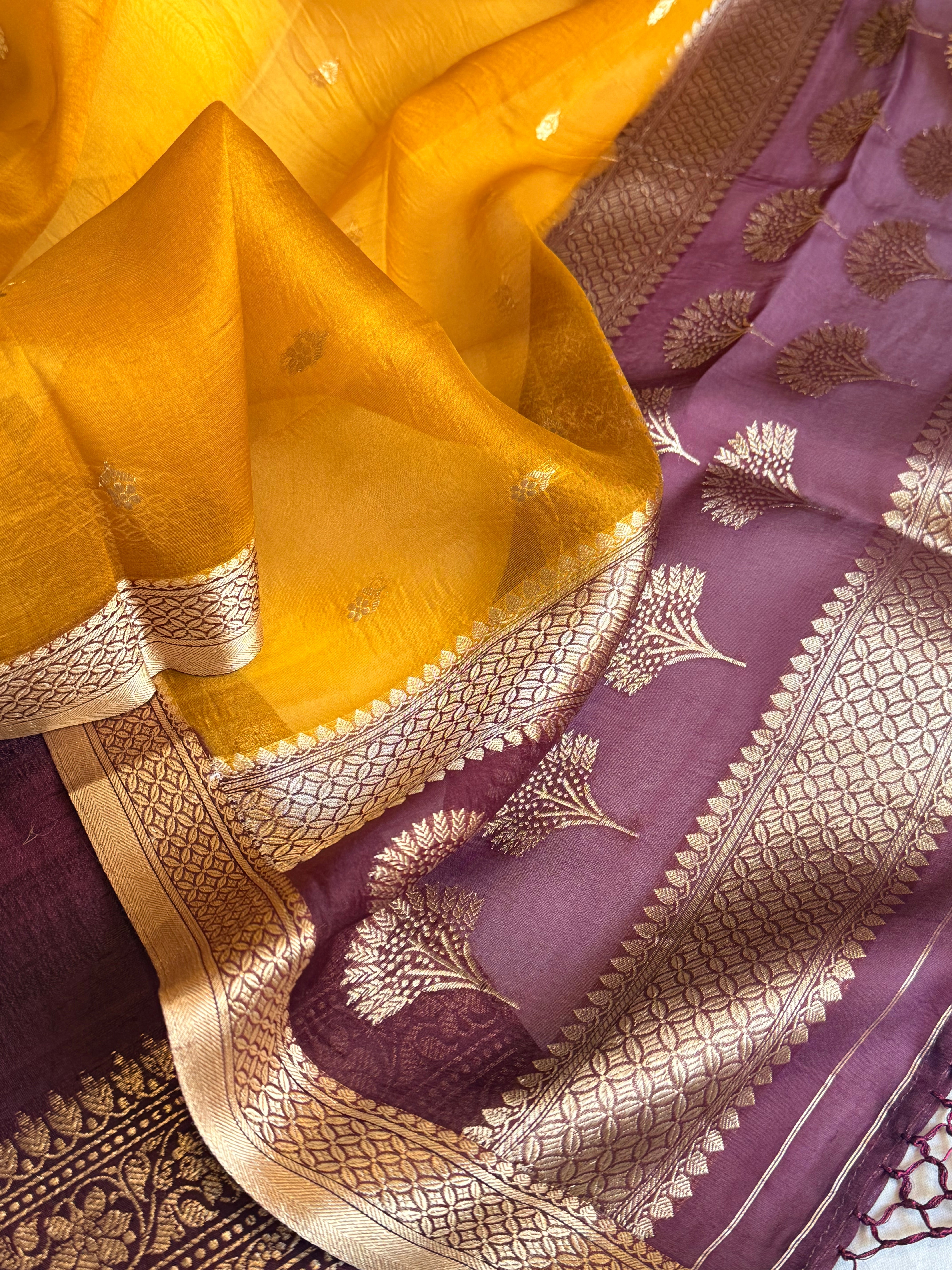 Deep plum-mustard yellow raw silk kadhwa kurta paired with kora silk chap dye duppata