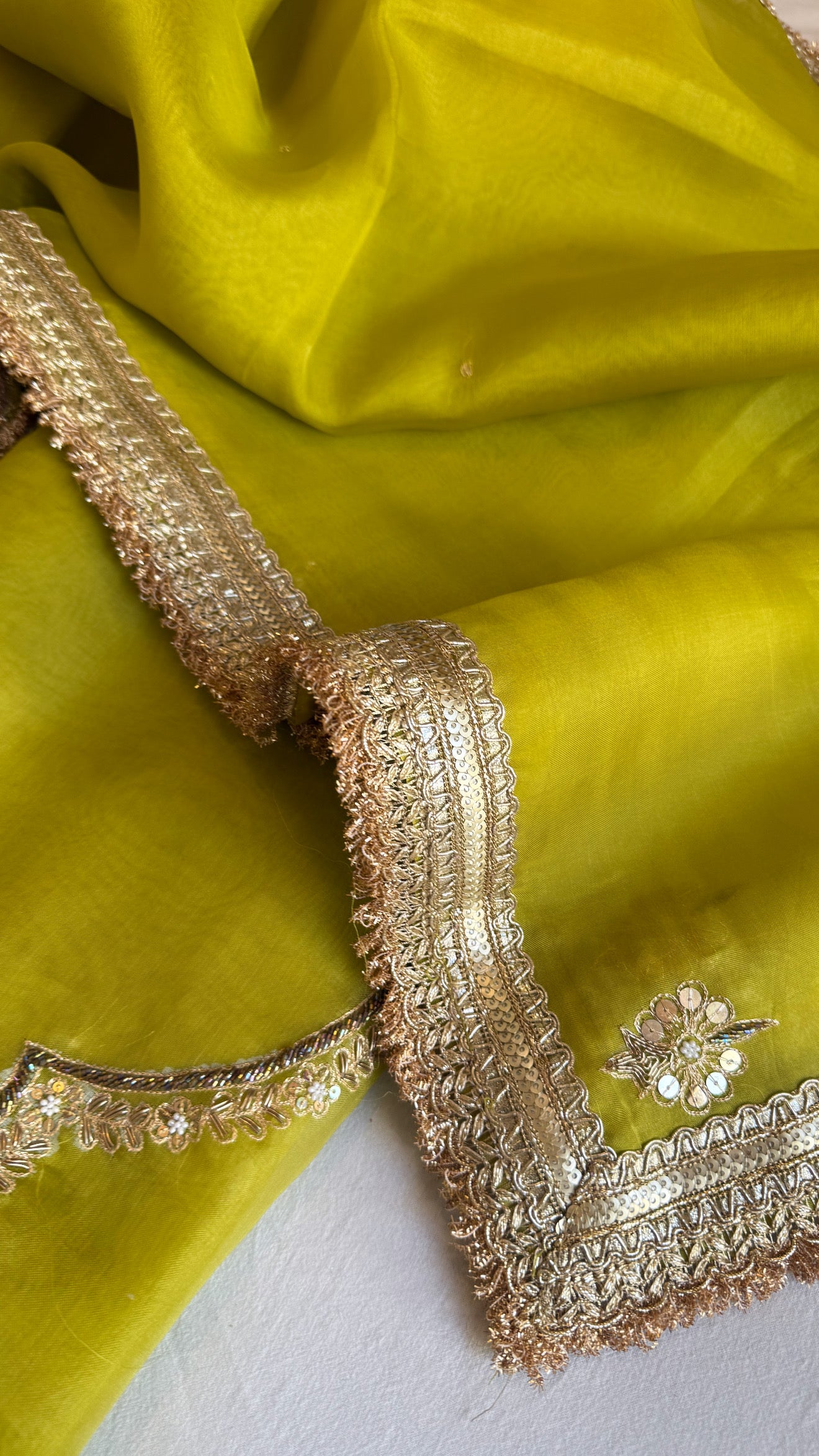 Aari and tilli kora silk hand embroidered mehendi green kadhwa suit set