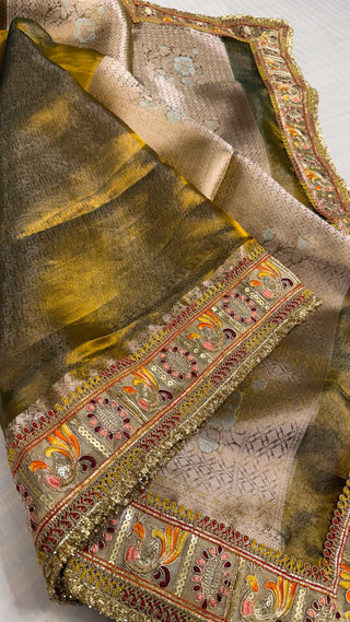 Kanjivaram green maharani meenakari tissue silk saree