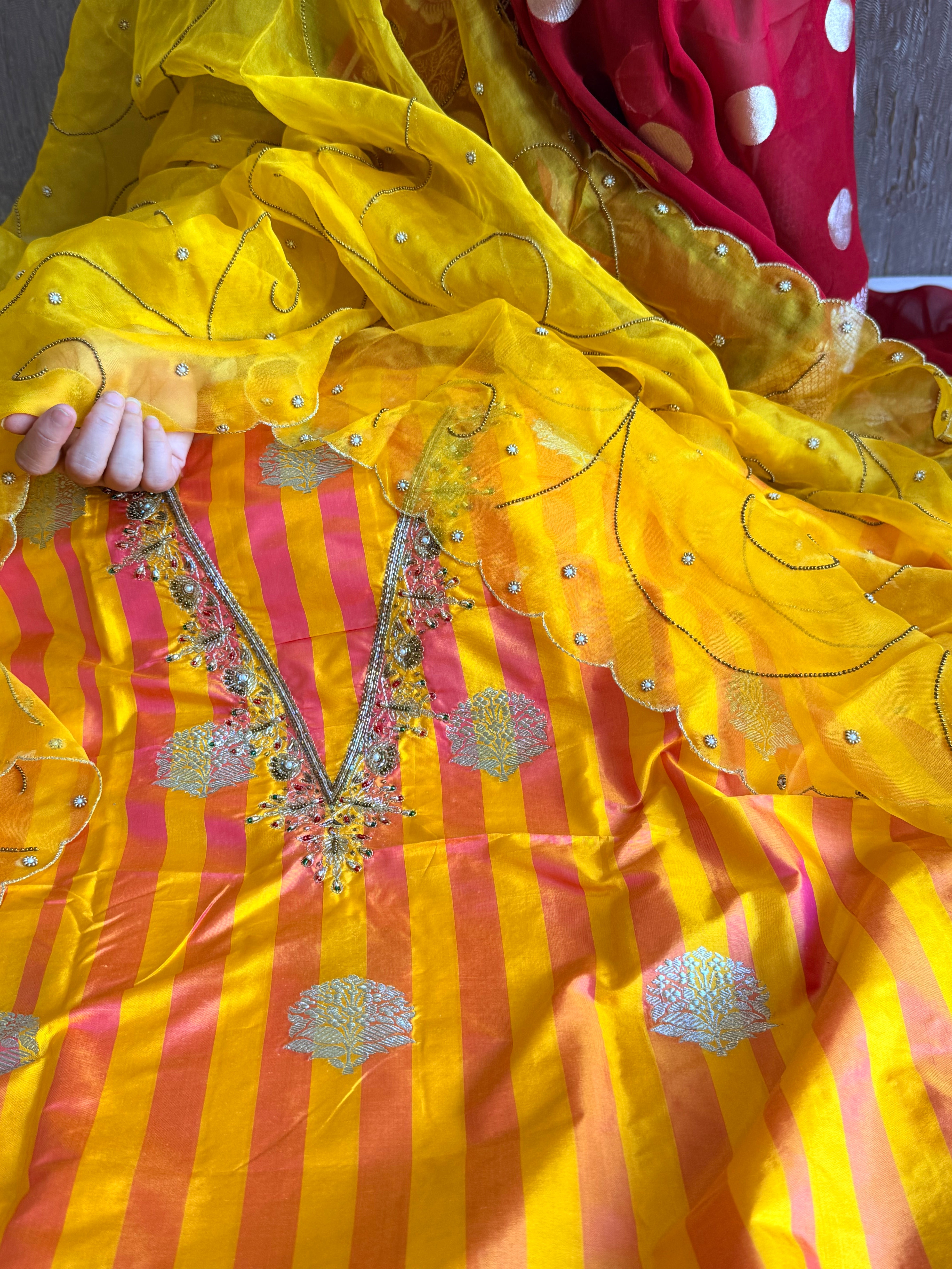 Katan silk striped kadhwa hand embroidered dhup chao effect suit set